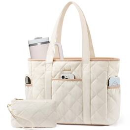 ESBANY - Puffer Tote Bag for Women with Cup Holder,Work Tote Bag with Zip, Quilted Nurse Teacher Shoulder,Gifts for Her - Off-white-m