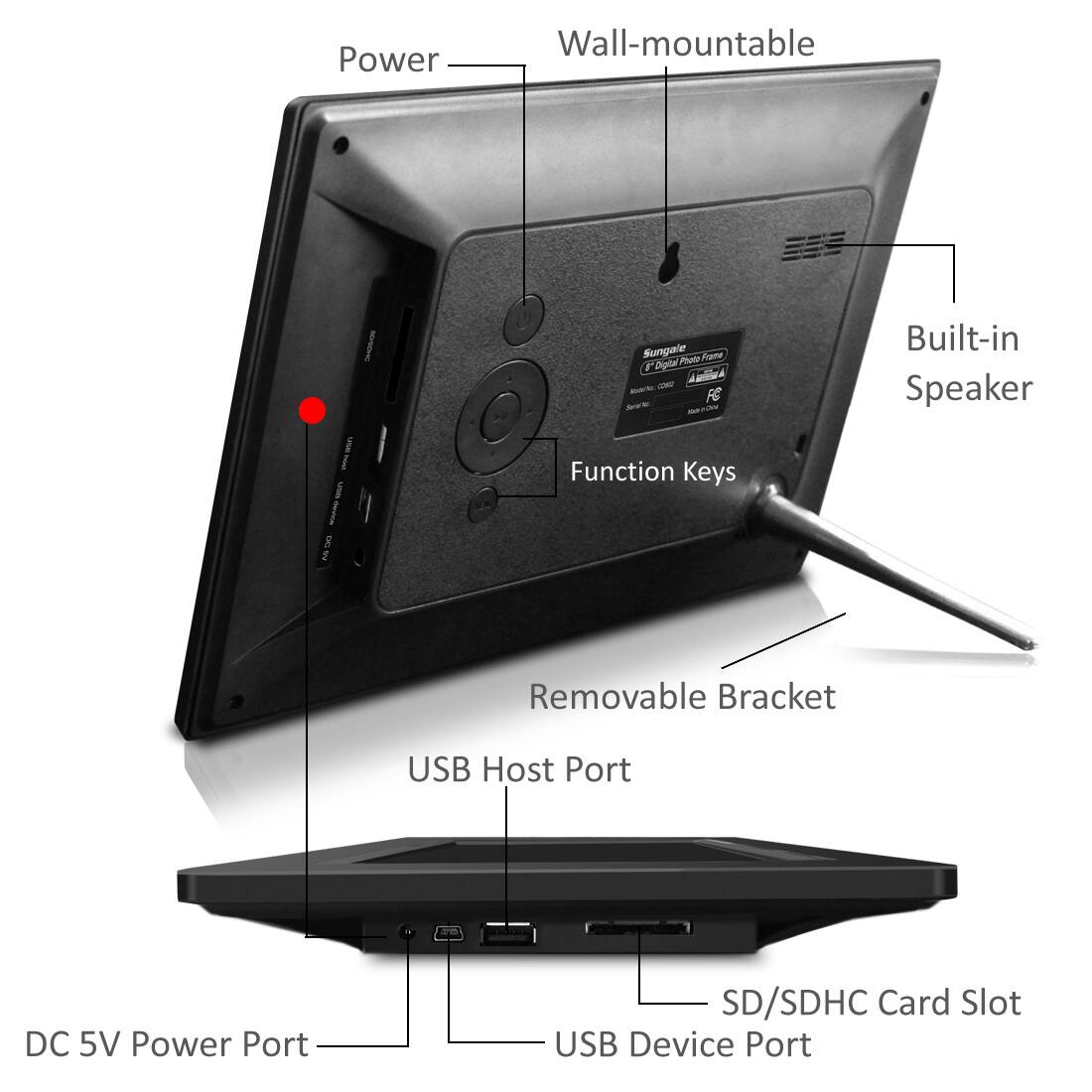 - Power
- Wall-mountable
- Built-in Speaker
- Function Keys
- Removable Bracket
- USB Host Port
- SD/SDHC Card Slot
- USB Device Port
- DC 5V Power Port