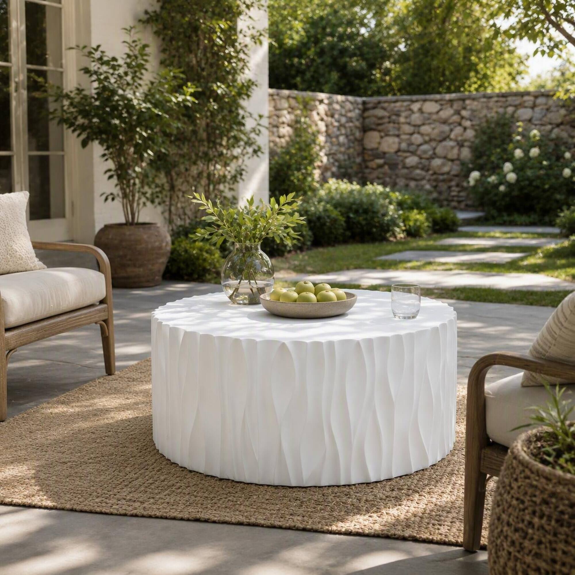 Angle. RYHNUYNE - Modern White Round Outdoor Coffee Table 26.77"with Wavy Fluted Sides,Ready to Use for Patio Garden Balcony - White.