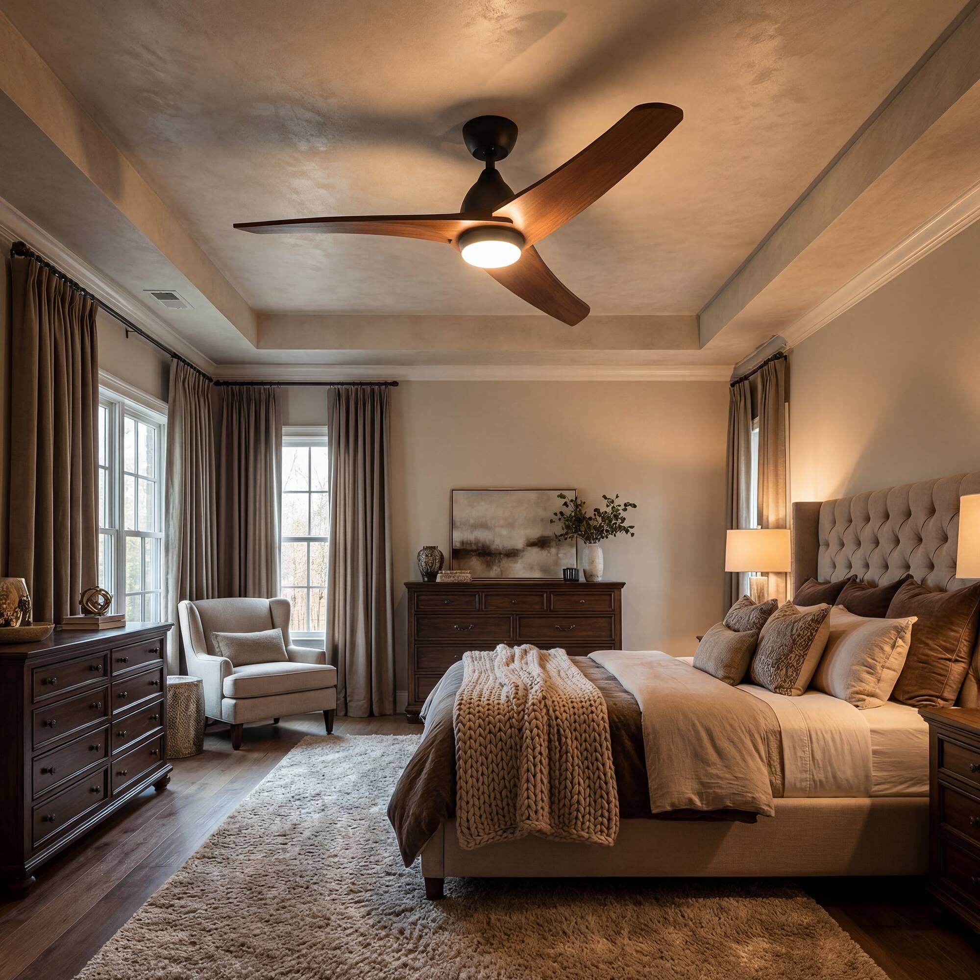 Left. Famapy - 41-Inch Walnut Wood Ceiling Fan with Light - Smart APP & Remote Control, Reversible DC Motor for Bedroom,Home Office - Wooden.