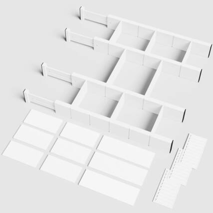 Front. Tooloton - 4 Pack Adjustable Bamboo Drawer Organizers with 9 Inserts and Labels, Expandable Dividers (17-22 Inch, White) - White.