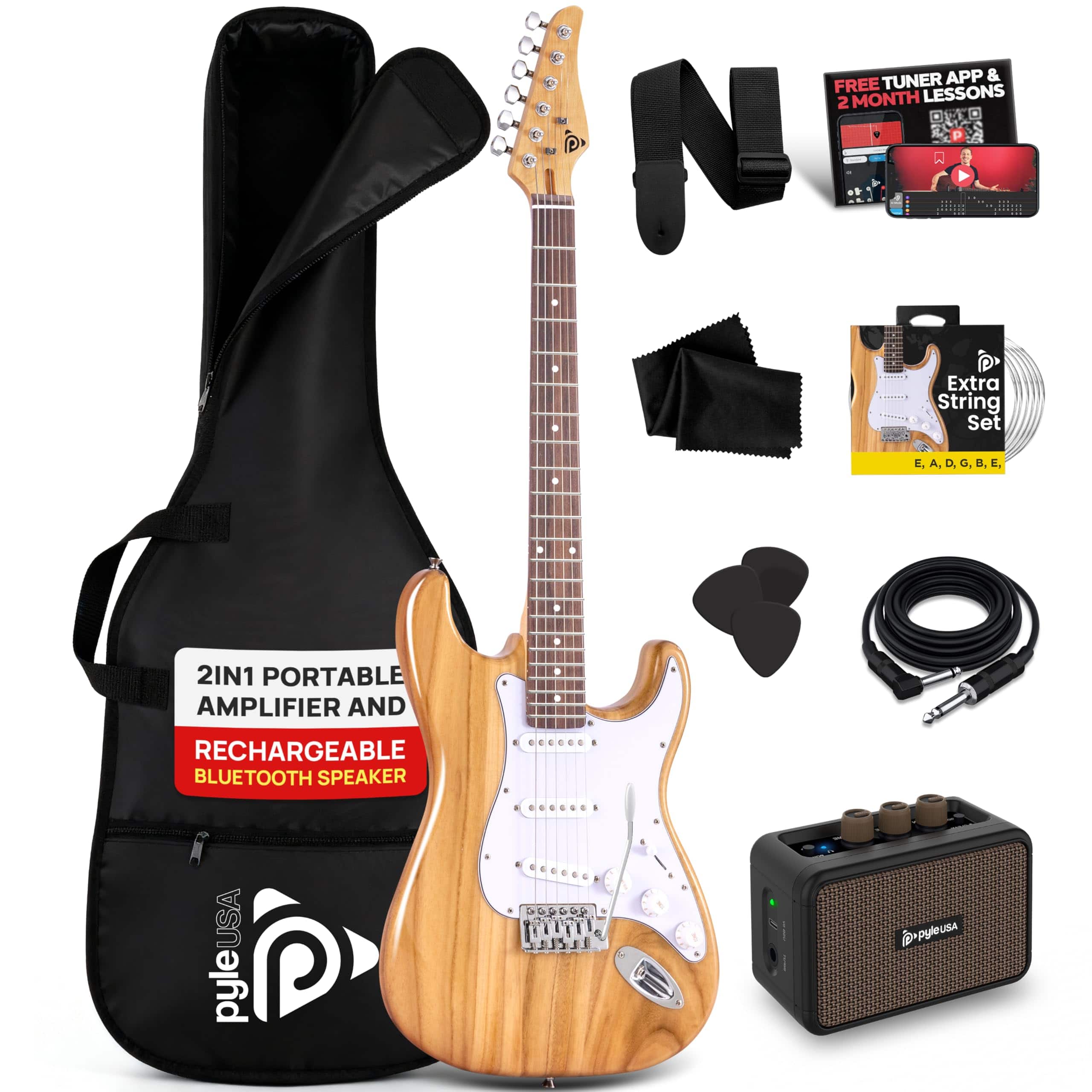 Pyle - Electric Guitar & Amp Kit, Full Size, Bluetooth Amp, 39" with Accessories - PEGKT400NT - Natural