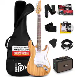 Pyle - Electric Guitar & Amp Kit, Full Size, Bluetooth Amp, 39" with Accessories - PEGKT400NT - Natural