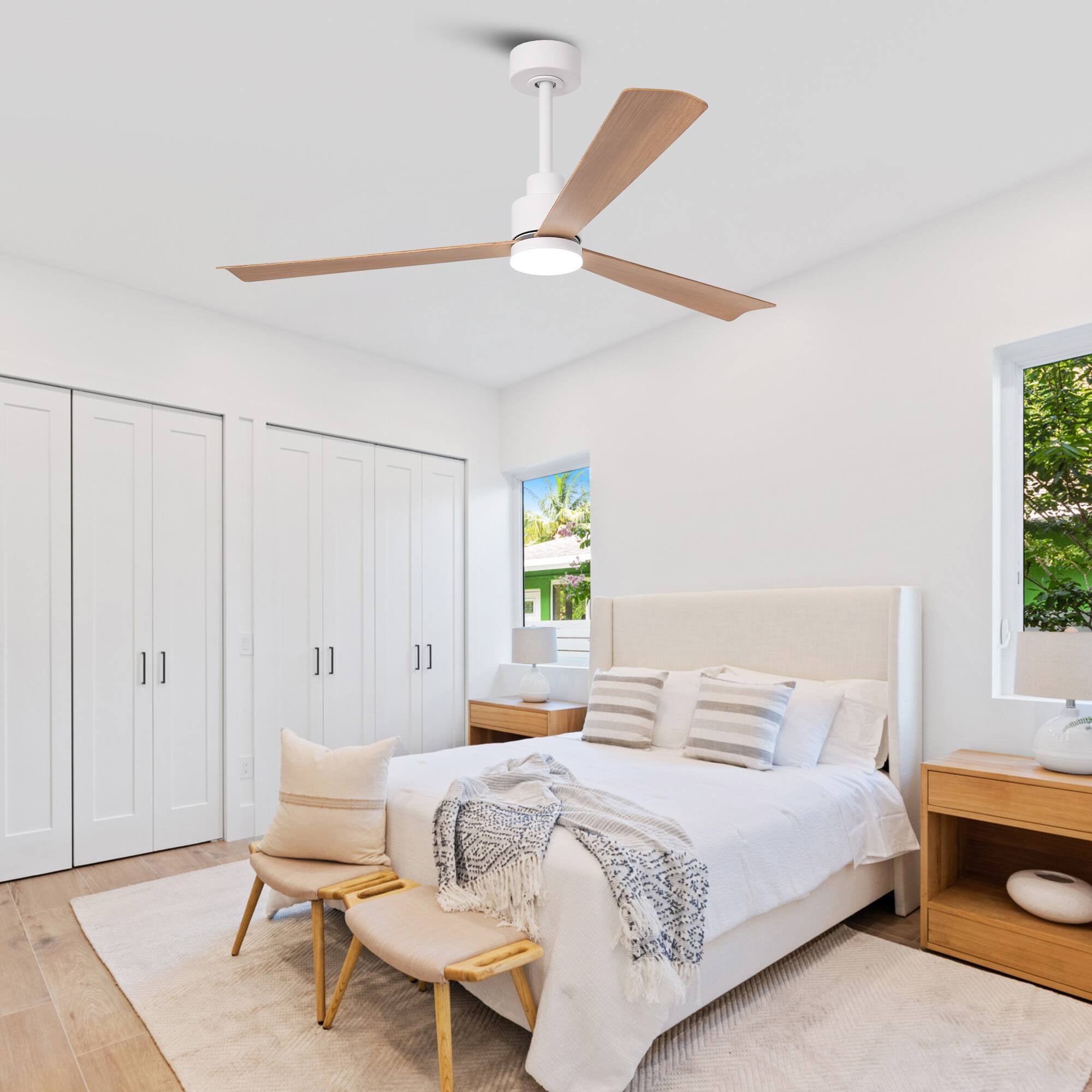 Left. Parrot Uncle - 52-Inch Modern Propeller Ceiling Fan with Dimmable LED Light, 6-Speed DC Motor, Remote Control - White.