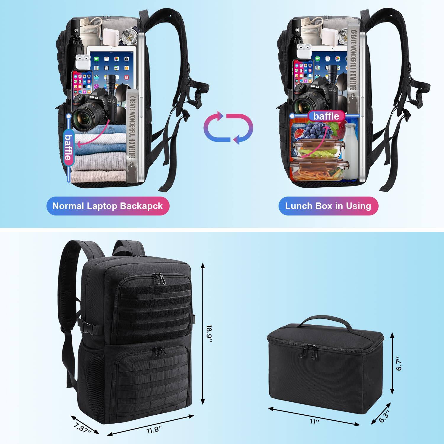 Alt View 3. Live At Space - Lunch Backpack  Laptop 15.6 Inch Work W/insulated Cooler Box For Men Women Casual Daypack Commuter Picnic College Black - Black-L-15.6 inch.