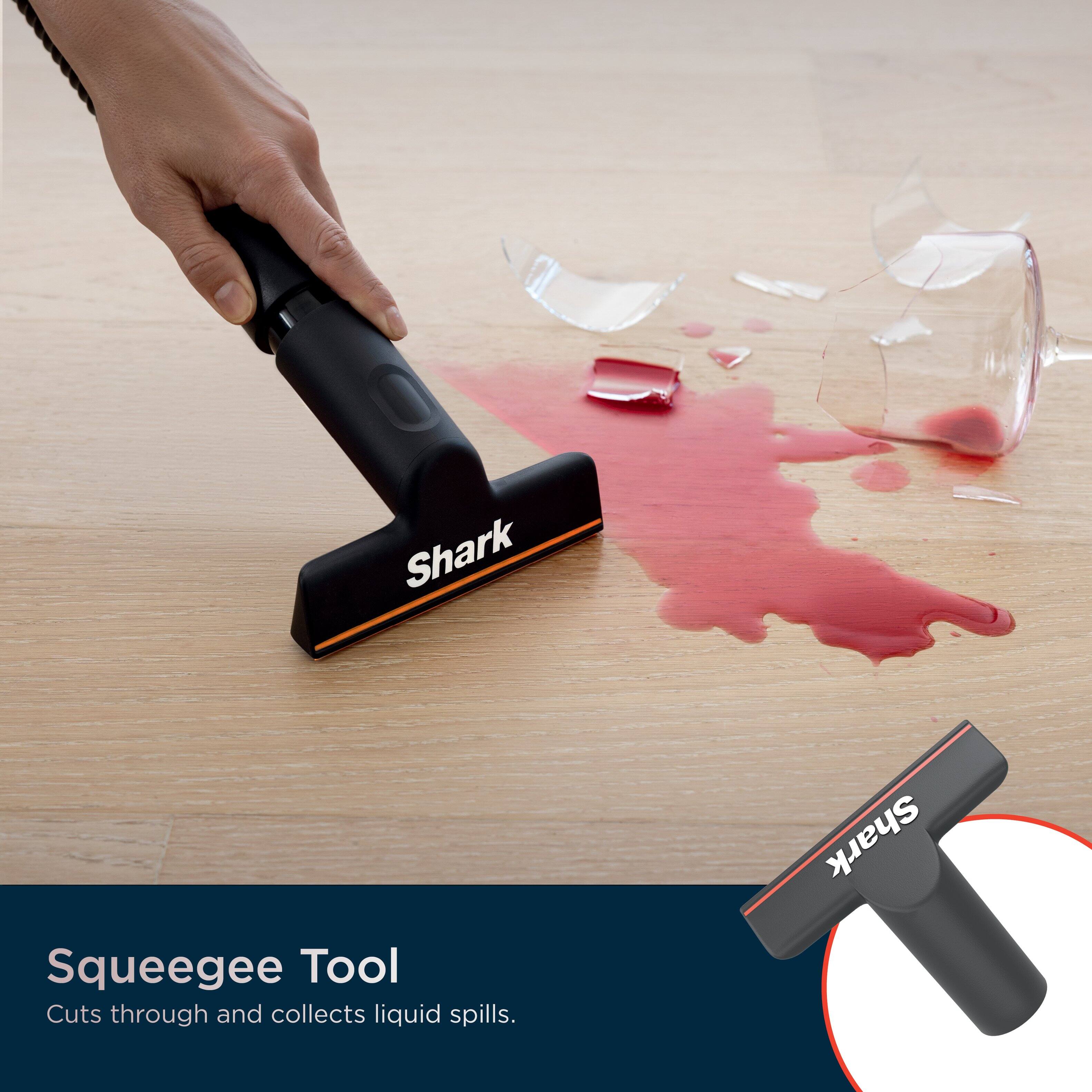 The text on the image reads: "Shark Squeegee Tool Cuts through and collects liquid spills."