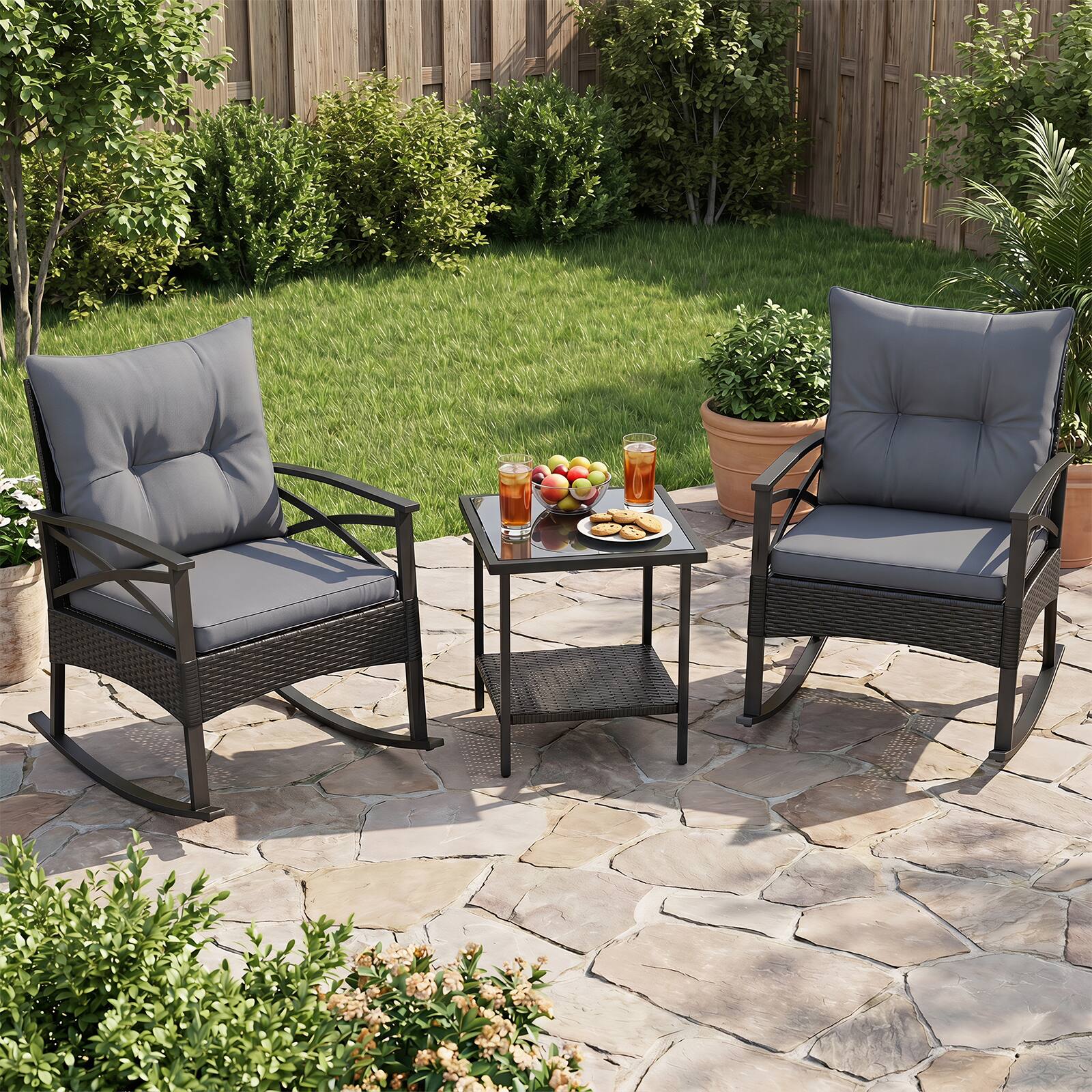 Alt View 3. Gymax - Gymax 3 Pieces Rattan Rocking Bistro Set w/Tempered Glass Tabletop & Cushions for Porch Mix Black & Gray - Gray.