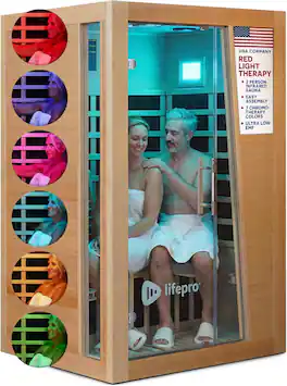 LifePro - Rejuvacure Duet 2-Person Infrared Sauna – Indoor Hemlock Wood Sauna with Chromotherapy & Bluetooth - Brown