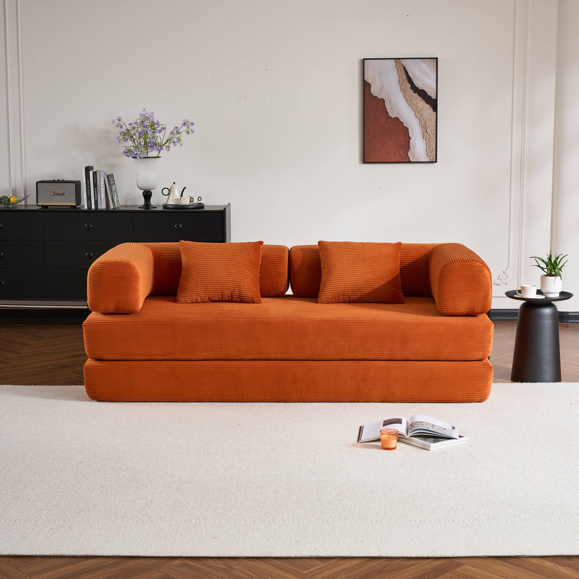 Alt View 1. GOODSILO - Convertible Sleeper Sofa in Cylindroy Fabric | Features a Cylindrical Pillow & Space-Saving Foldable Design - Orange.