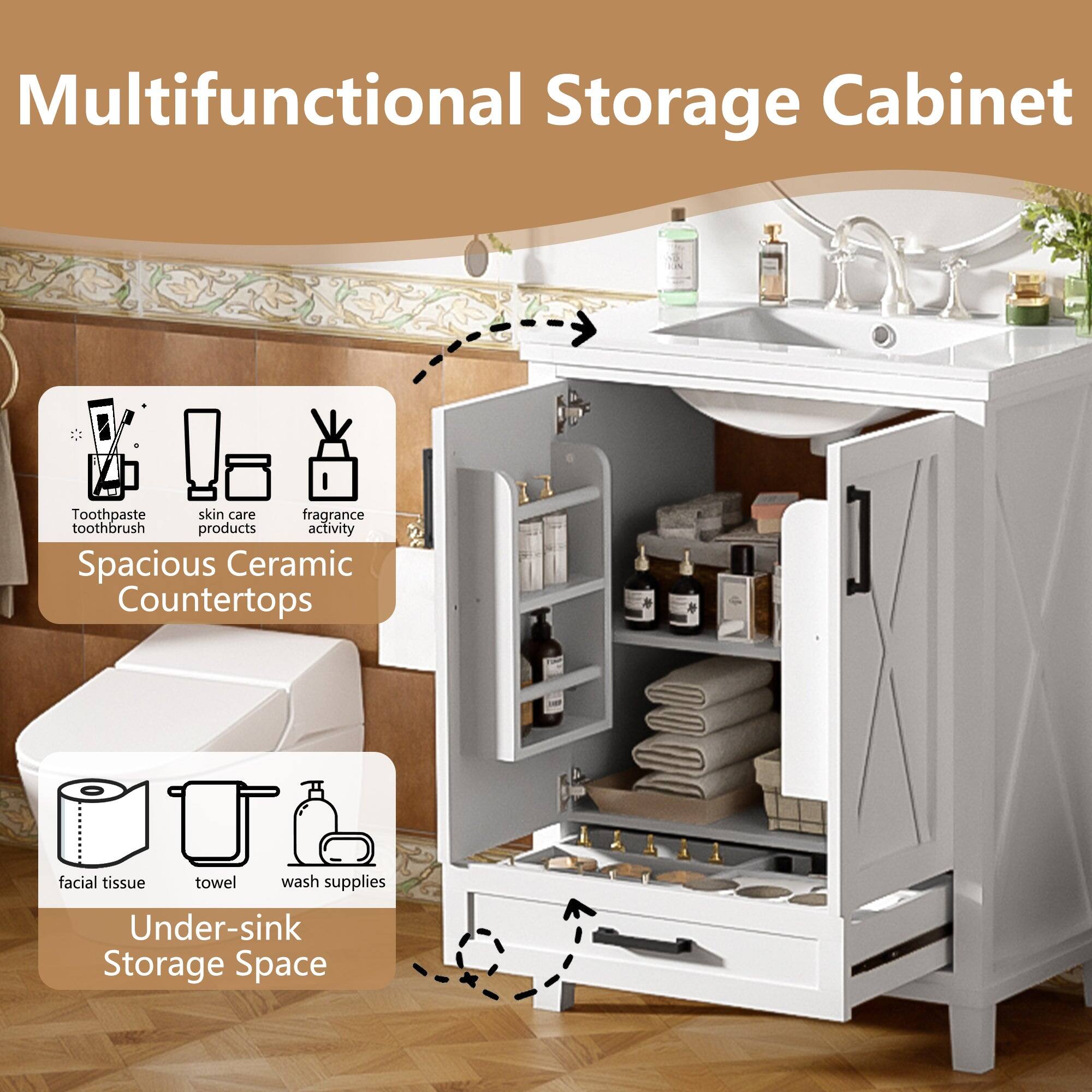 Multifunctional Storage Cabinet

- Spacious Ceramic Countertops
  - Toothpaste
  - Skin care products
  - Fragrance activity

- Under-sink Storage Space
  - Facial tissue
  - Towel
  - Wash supplies