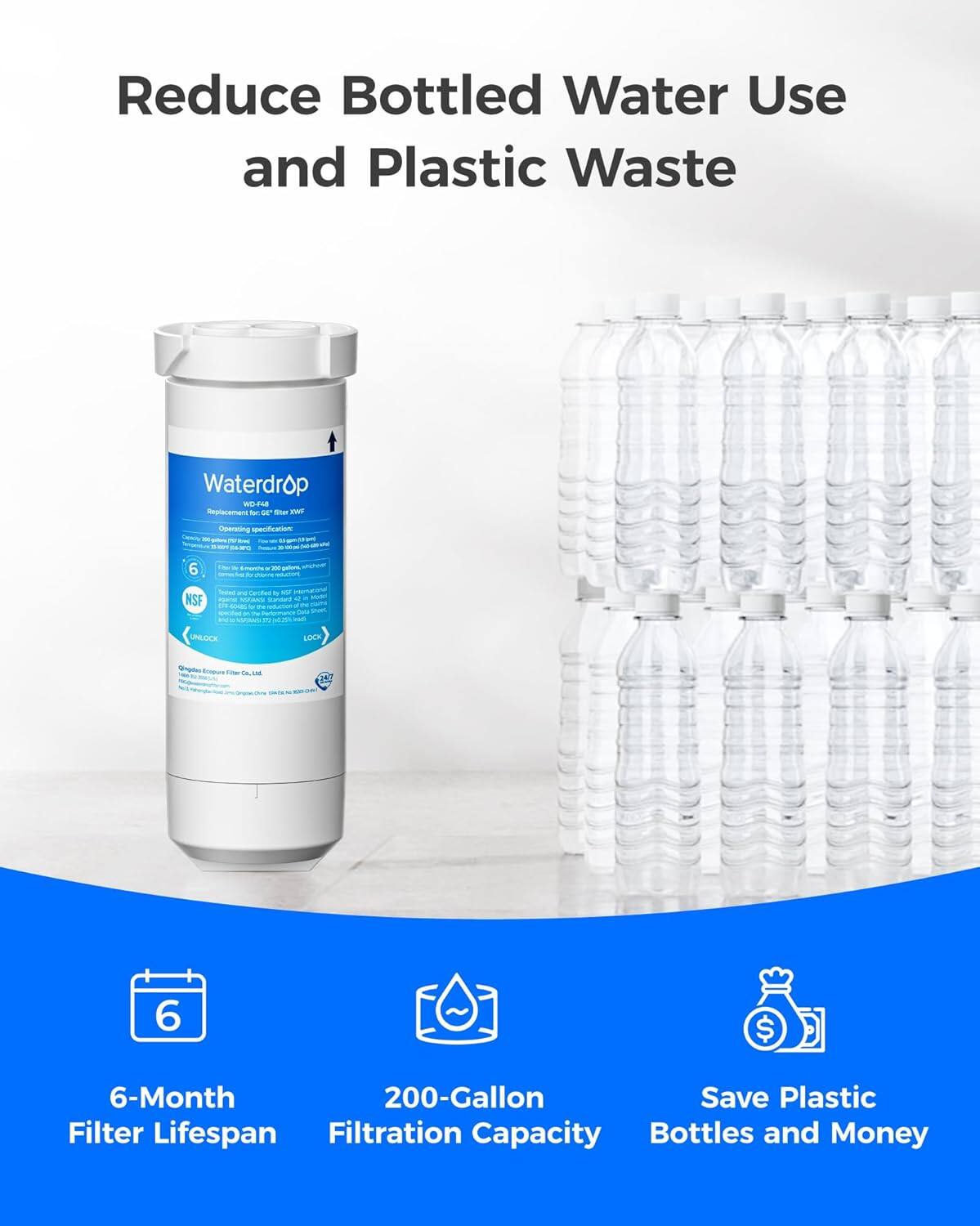 Reduce Bottled Water Use and Plastic Waste

Waterdrop WD-F48 Replacement bc GI' titar SWS

Dearity

Operating specifications M SPC Pressure - 6

"Ave We 200 gallons. by Disking

NSF are Certified ts NOF NOTIANS Scandard 12 A MART 21 The PV 1029

UNLOCK LOCK

Co.,Ltd

6

6-Month 200-Gallon Save Plastic Filter Lifespan Filtration Capacity Bottles and Money