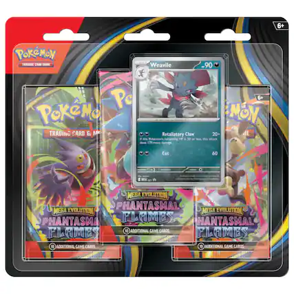 **Pokémon Trading Card Game**
**Weavile**
- 90 HP
- Retaliatory Claw: 20+ (If this Pokémon's remaining HP is 50 or less, this attack does 170 more damage.)
- Cut: 60
**Mega Evolution Phantasmal Flames**
- 10 Additional Game Cards
**Mega Evolution Phantasmal Flames**
- 10 Additional Game Cards
**6+**