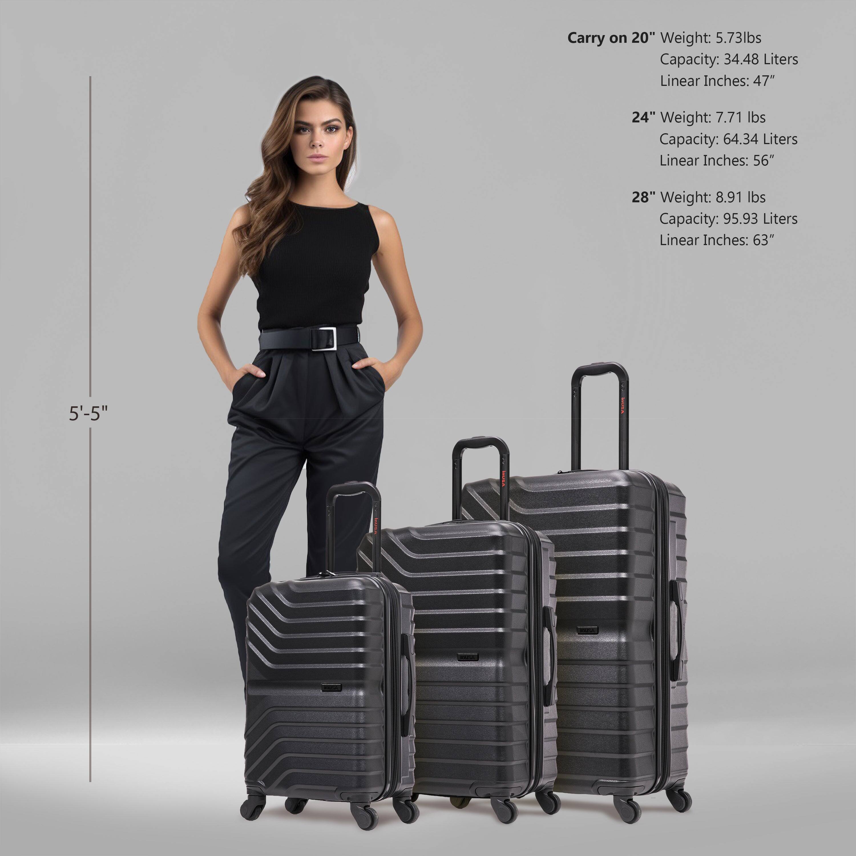 Sure, here is the corrected and grouped text:

- Carry on 20"  
  Weight: 5.73 lbs  
  Capacity: 34.48 Liters  
  Linear Inches: 47"

- 24"  
  Weight: 7.71 lbs  
  Capacity: 64.34 Liters  
  Linear Inches: 56"

- 28"  
  Weight: 8.91 lbs  
  Capacity: 95.93 Liters  
  Linear Inches: 63"

- 5'-5"