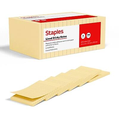 Staples
Lined Sticky Notes
Repositionable adhesive, no mark paper
600 sheets
100mm x 150mm
6 pads
6 assorted colors