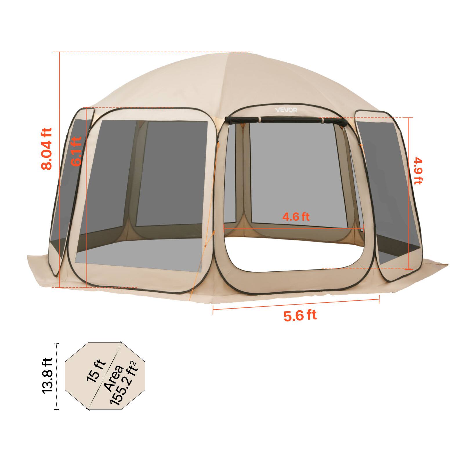 - 8.04 ft
- 6.1 ft
- 4.9 ft
- 4.6 ft
- 5.6 ft
- 13.8 ft
- 15 ft
- Area: 155.2 ft²