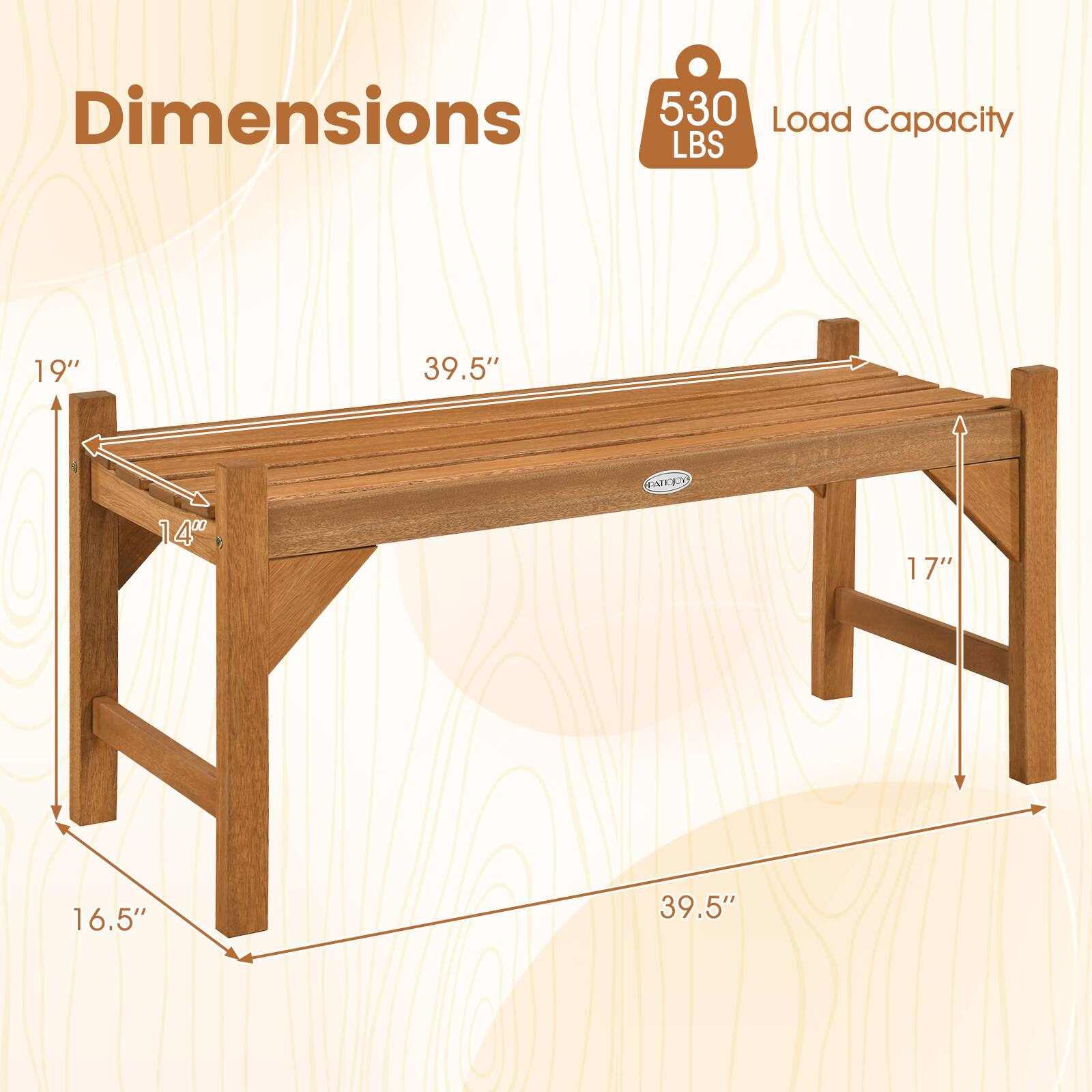 Dimensions:  
- Length: 39.5"  
- Width: 19"  
- Height: 16.5"  
- Thickness: 1.4"  
- Leg Height: 17"  

Load Capacity: 530 LBS