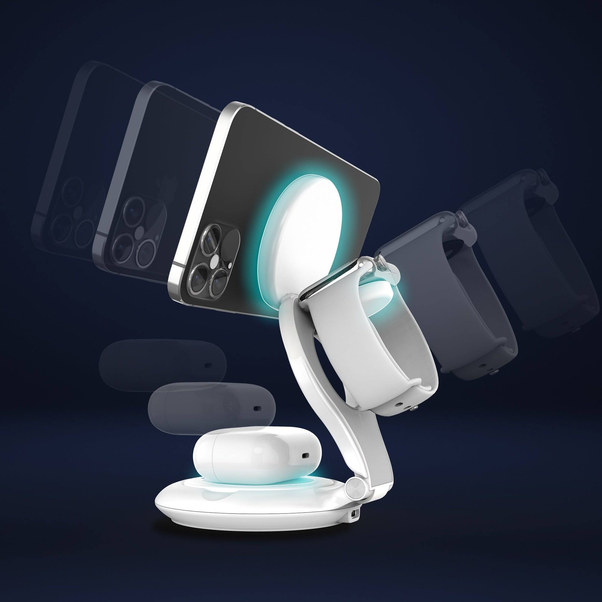 Alt View 2. j5create - Qi2 3-in-1 Magnetic Foldable Wireless Charging Station - White.