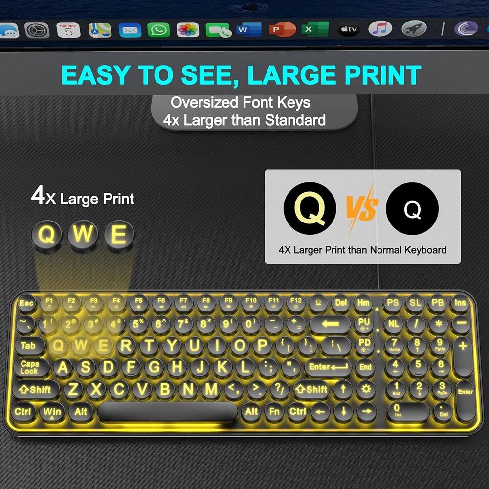 EASY TO SEE, LARGE PRINT

Oversized Font Keys  
4x Larger than Standard

4X Large Print

Q W E

Q vs Q

4X Larger Print than Normal Keyboard

Esc F1 F2 F3 F4 F5 F6 F7 F8 F9 F10 F11 F12 Del Hm PS SL PB Ins ~ 1 2 3 4 5 6 7 8 9 0 I I + PU NL I * - Tab Q W E R T Y U I Caps A S D F G H J K Lock Shift Z X C V B N M , Ctrl Win Alt O P I ) I I ] / " L Enter ?1 Shift Alt Fn Ctrl PD End 7 4 1 E 0 Iine 8 5 2 9 igue 6 3 PgDe Del + Enter