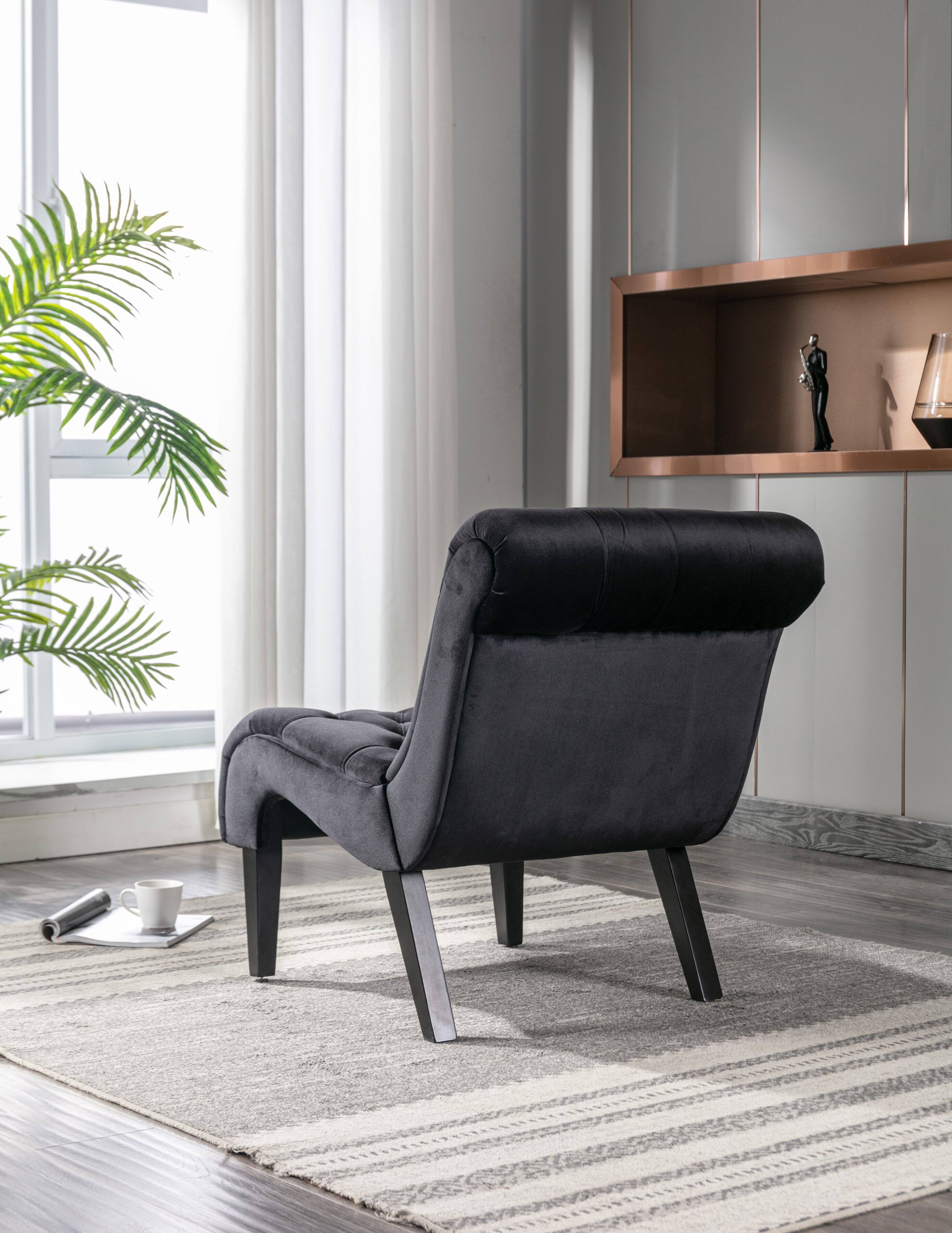 Back. Trinkets Crazed - Velvet Accent Lounge Chair for Living Room, Modern Leisure Chair with Tufted Backrest, Indoor Armless Side Chair - Black.