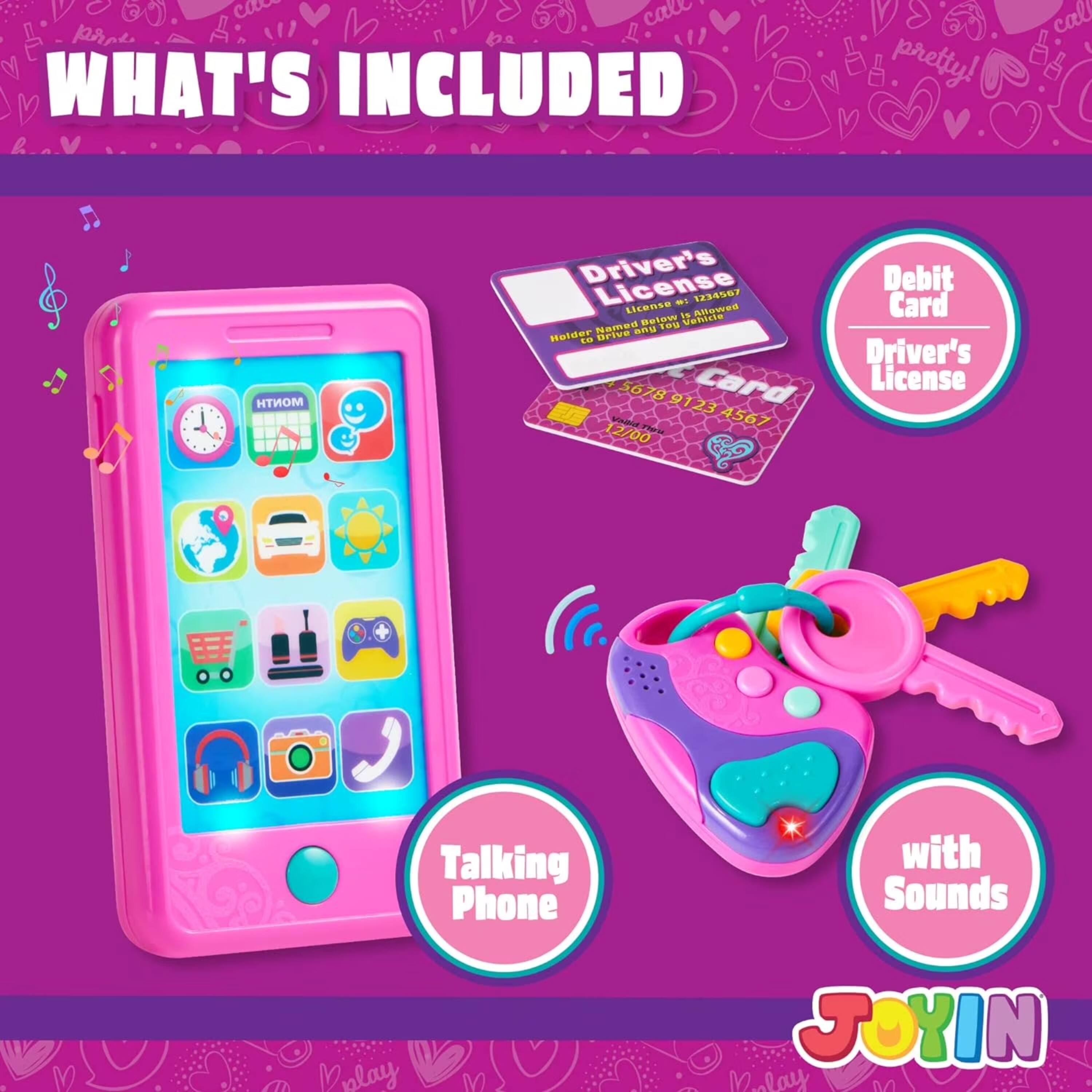 WHAT'S INCLUDED

- Driver's License: 1234567 License Is Allowed Named Below Toy Vehicle Holder Drive any to 5678 9123 Card Vasid THEW 4567 12/00
- Debit Card
- Talking Phone with Sounds
- JOYIN