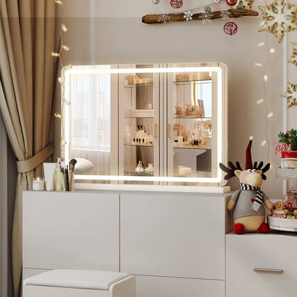 Front. AENKYO - 22"x32" Vanity Mirror LED Makeup Mirror with Dimmable 3 Color Modes, Touch Screen Control - White.