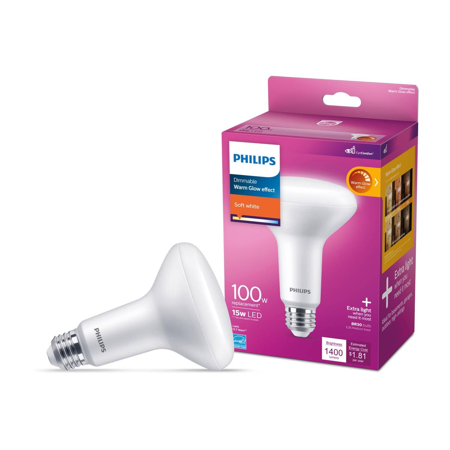Philips - BR30 E26 (Medium) LED Floodlight Bulb Soft White 100 Watt Equivalence 1 pk price history on PriceWatchPro