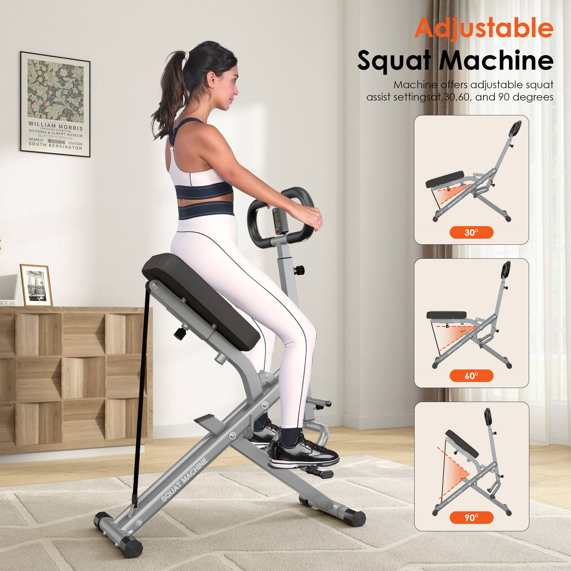 Adjustable Squat Machine  
Machine offers adjustable squat assist settings at 30°, 60°, and 90° degrees