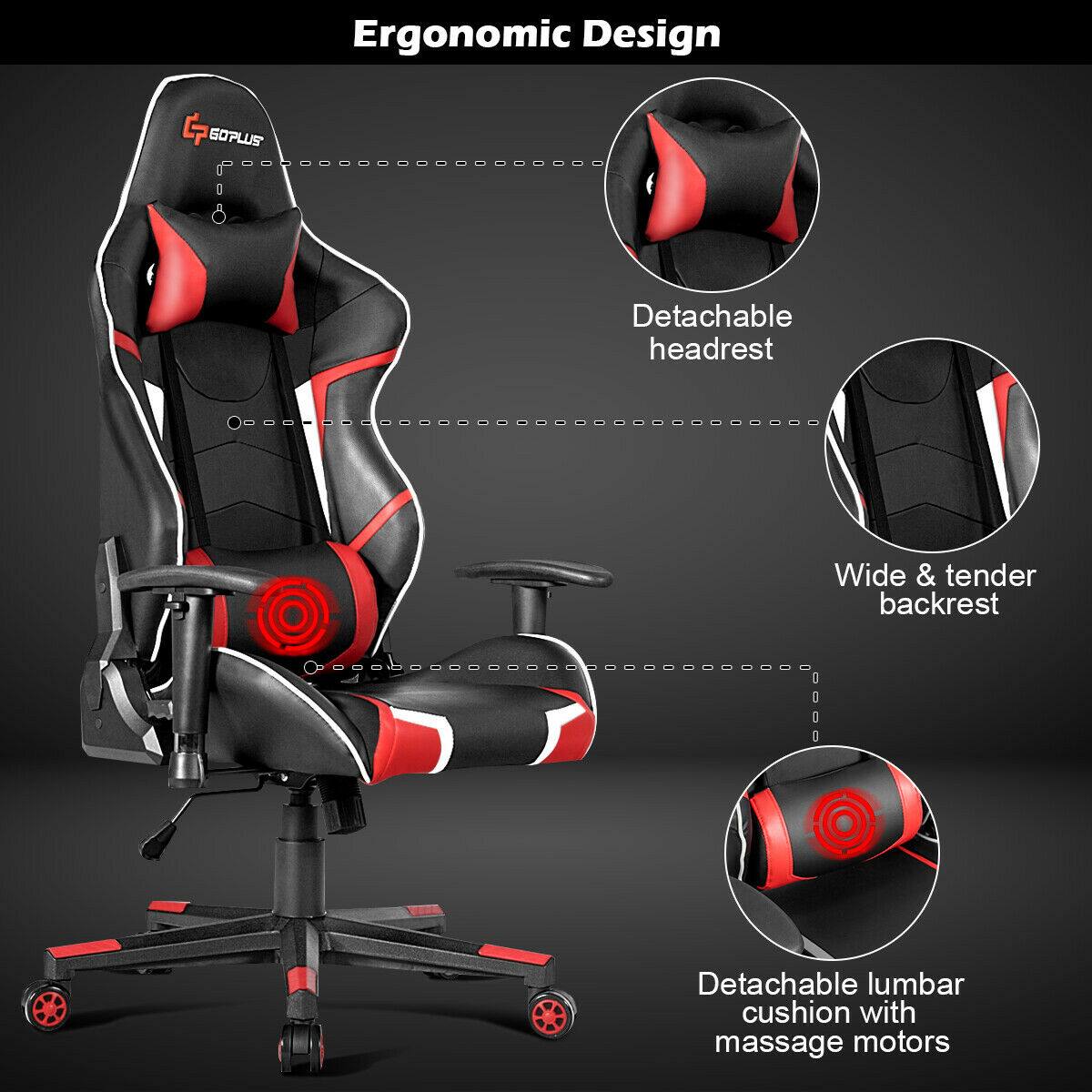 Ergonomic Design

- GOPLUS
- Detachable headrest
- Wide & tender backrest
- Detachable lumbar cushion with massage motors