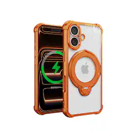 Dteck - Mag Safe Case For Apple iPhone 17 Plating Shock-Resistant Anti-Scratch Ring Kickstand Rugged Cover - Orange