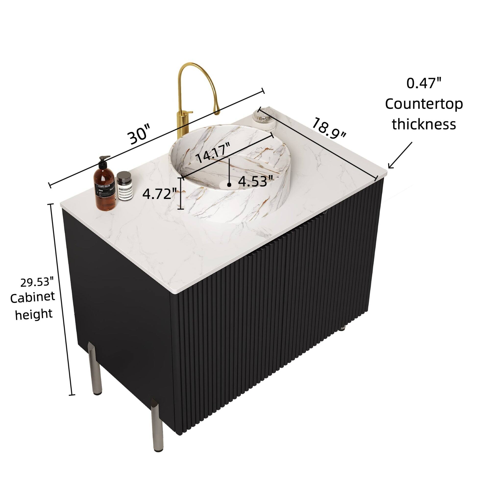 - Cabinet height: 29.53"
- Countertop thickness: 0.47"
- 30"
- 18.9"
- 14.17"
- 4.53"
- 4.72"
