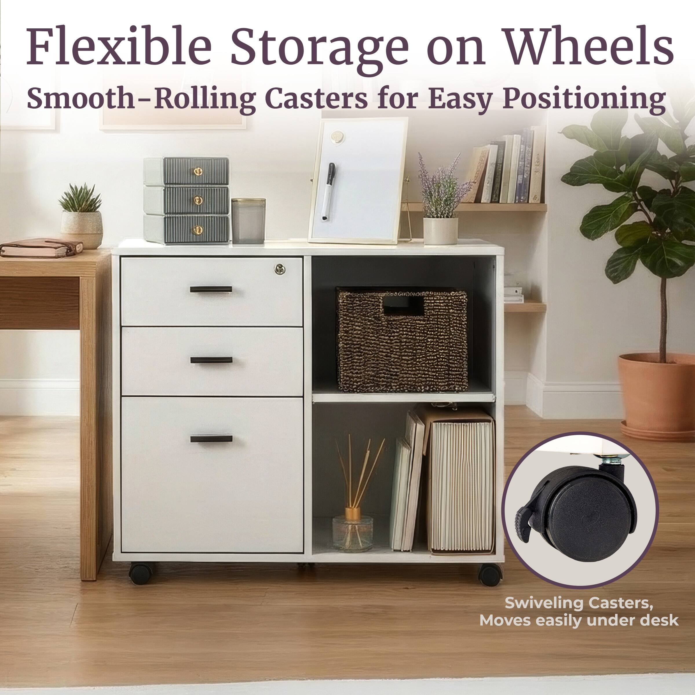 Flexible Storage on Wheels  
Smooth-Rolling Casters for Easy Positioning  
Swiveling Casters, Moves easily under desk