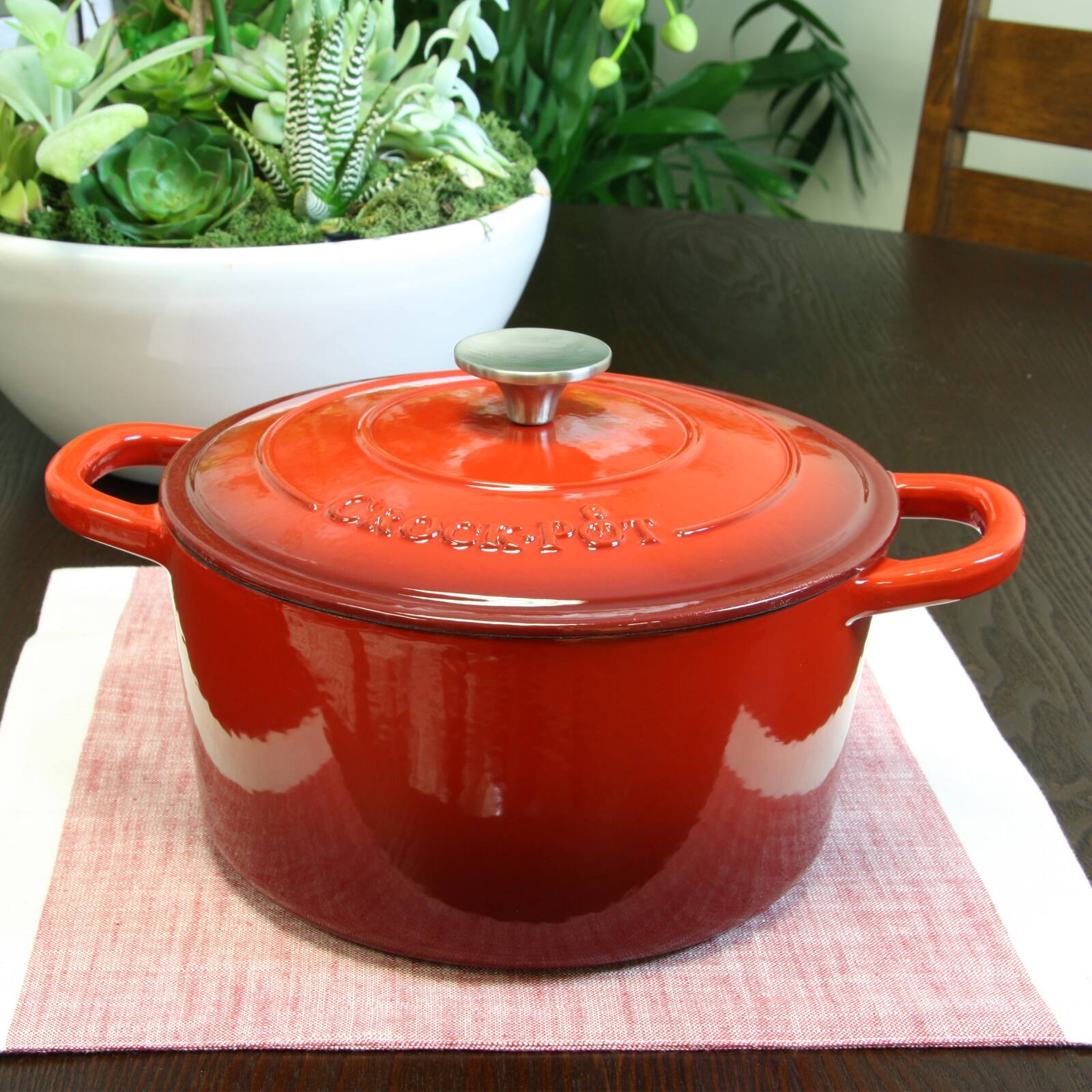 Alt View 1. Crockpot - Crock Pot Artisan 5 Quart Round Enameled Cast Iron Dutch Oven in Scarlet Red - Red.