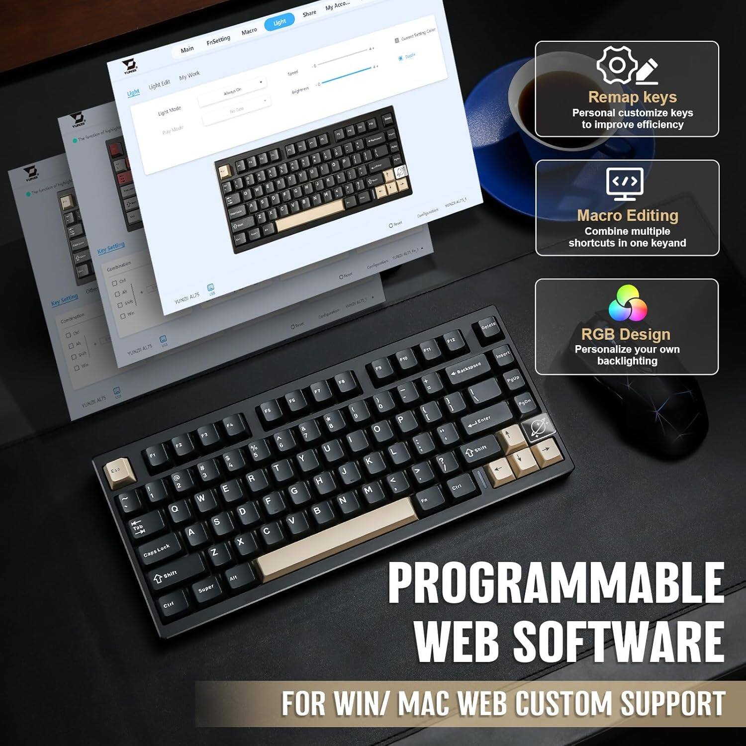 The text in the image can be grouped and corrected as follows:

**Main Features:**
- Remap keys to improve efficiency.
- Macro Editing: Combine multiple shortcuts in one key.
- RGB Design: Personalize your own backlighting.

**Programmable Web Software:**
- For Windows and Mac web custom support.

**Additional Information:**
- Customize keys.
- Personalize settings.
- Set lighting modes (Light Mode, Party Mode, etc.).

**Visual Elements:**
- Keyboard with customizable keys.
- Software interface for key customization and macro editing.