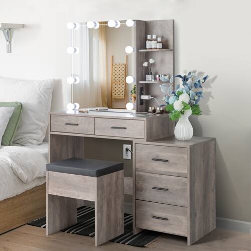 Alt View 6. Winado - Vanity Makeup Table Dressing Desk Set Open Shelves 5 Drawers Cabinet 10 LED Lighted Bulbs Sliding Mirror with Stool Set - Gray.