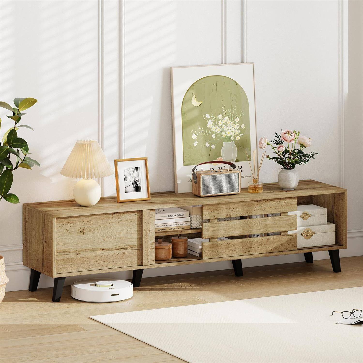 Back. Pefilos - Mid-Century Modern TV Stand, 80" TV Compatible, Sliding Door Cabinets & Open Storage Shelves, Oak (Brown) TV Cabinet - Brown.