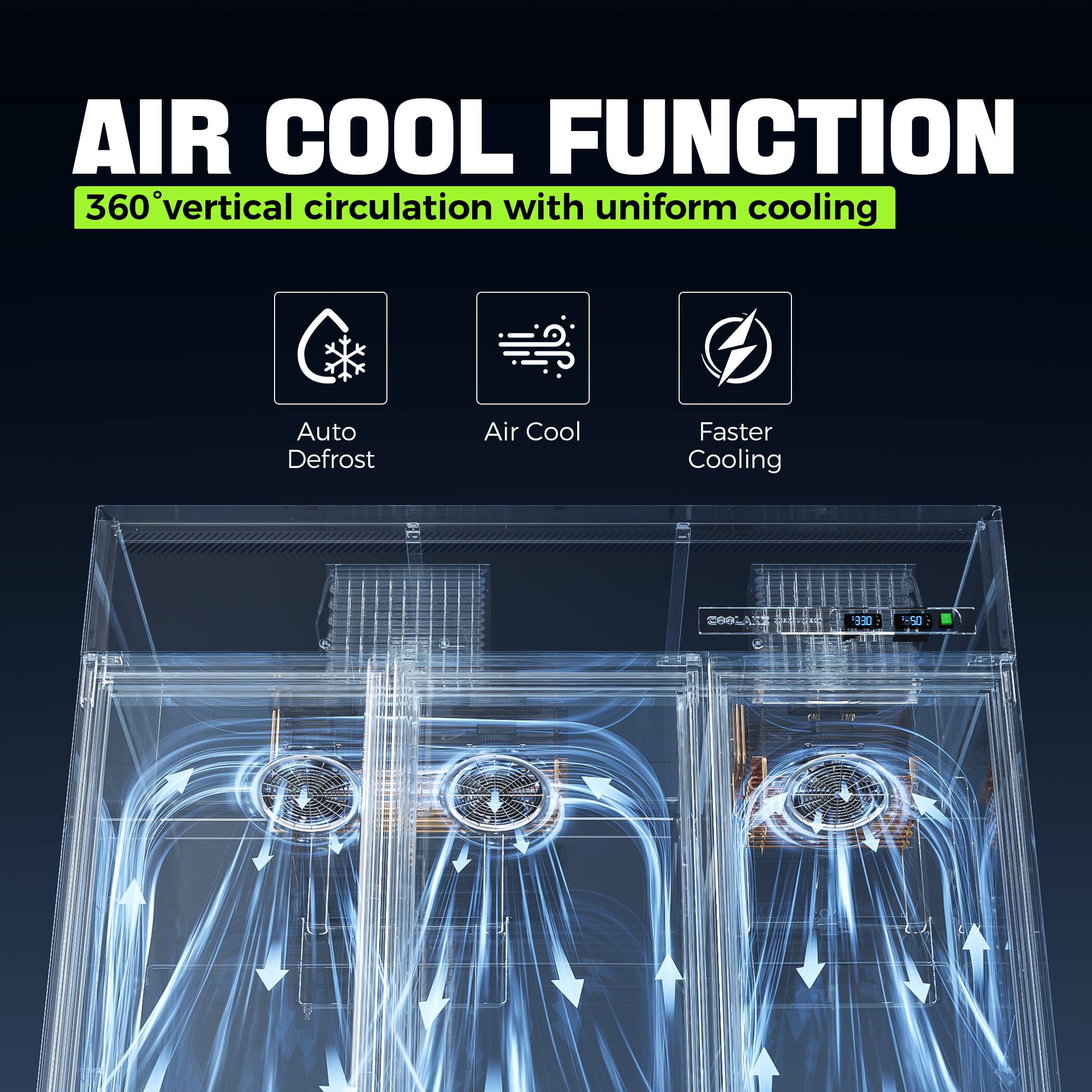 AIR COOL FUNCTION  
360° vertical circulation with uniform cooling  

- Auto Defrost  
- Air Cool  
- Faster Cooling