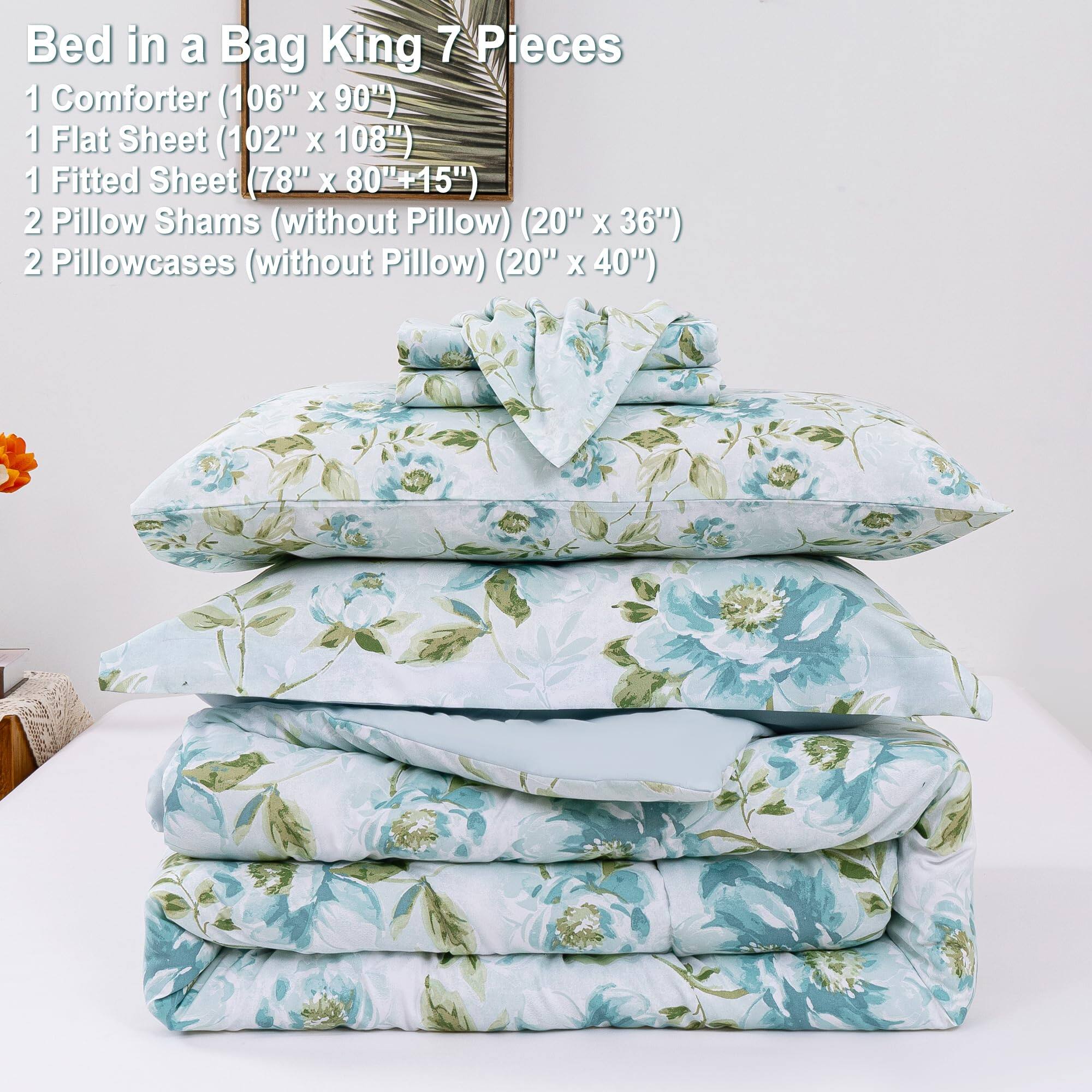 Bed in a Bag King 7 Pieces

1 Comforter (106" x 90")
1 Flat Sheet (102" x 108")
1 Fitted Sheet (78" x 80"+15")
2 Pillow Shams (without Pillow) (20" x 36")
2 Pillowcases (without Pillow) (20" x 40")