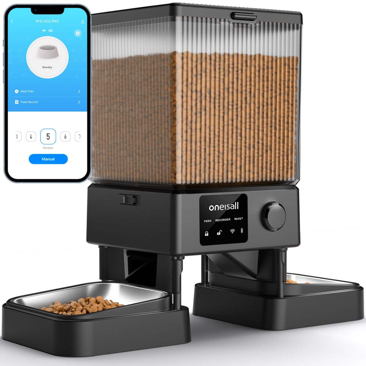 Oneisall - PFD-002 PRO WiFi Cat Feeder - 5L/20 Cups, APP-Controlled Timed Dispenser for 2 Cats, Dry Food Automatic Feeder - Black