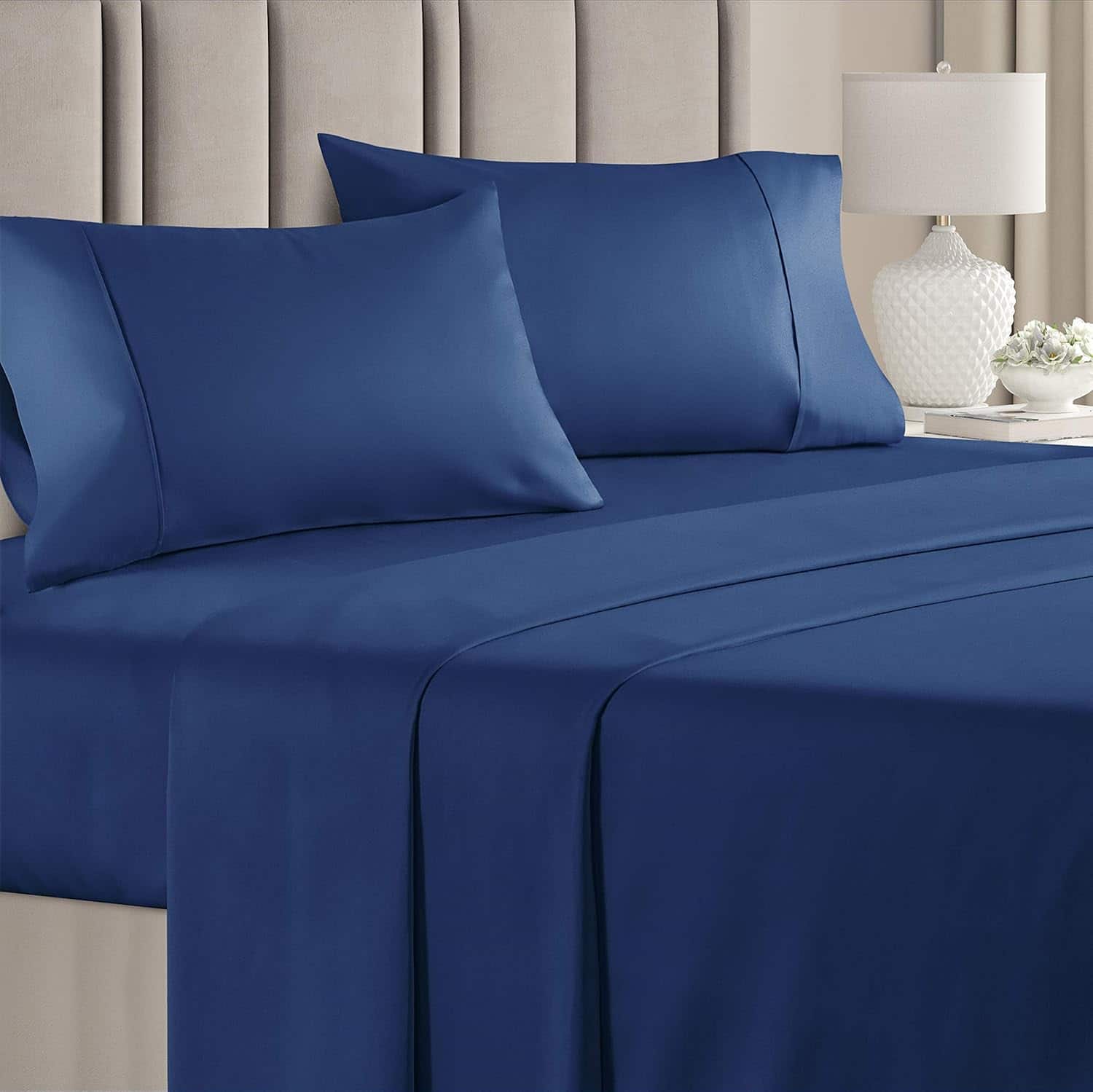 Front. CGK Linens - 100% Cotton 400 Thread Count 4 Piece Sheet Set - Soft & Cozy Sateen Bed Sheets - California king - Navy Blue.