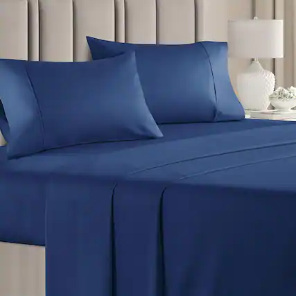 Front. CGK Linens - 100% Cotton 400 Thread Count 4 Piece Sheet Set - Soft & Cozy Sateen Bed Sheets - California king - Navy Blue.