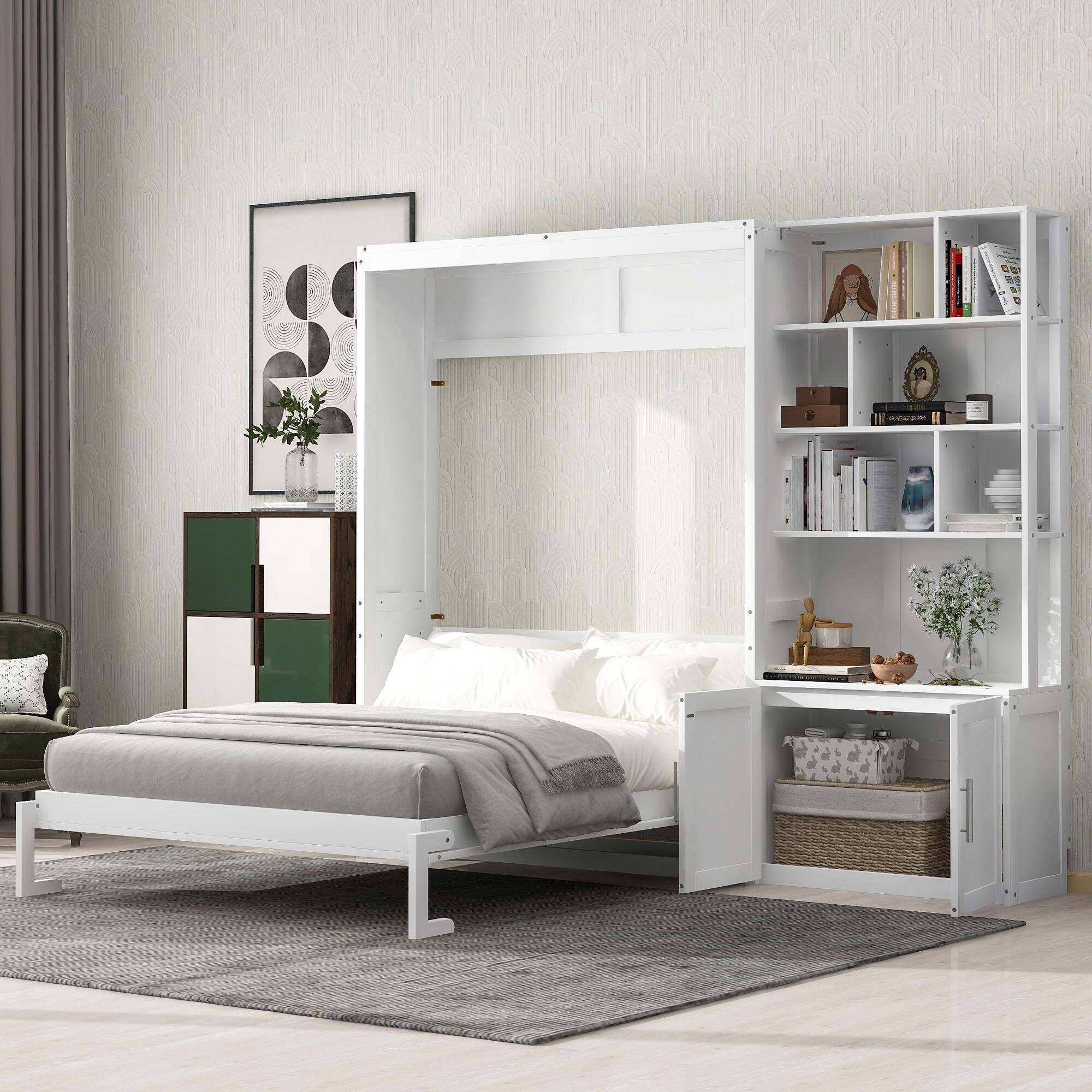 Angle. Tiramisubest - Full Size White Murphy Bed, Solid Wood + MDF, 95x16x84 inches, 228 lbs - White.