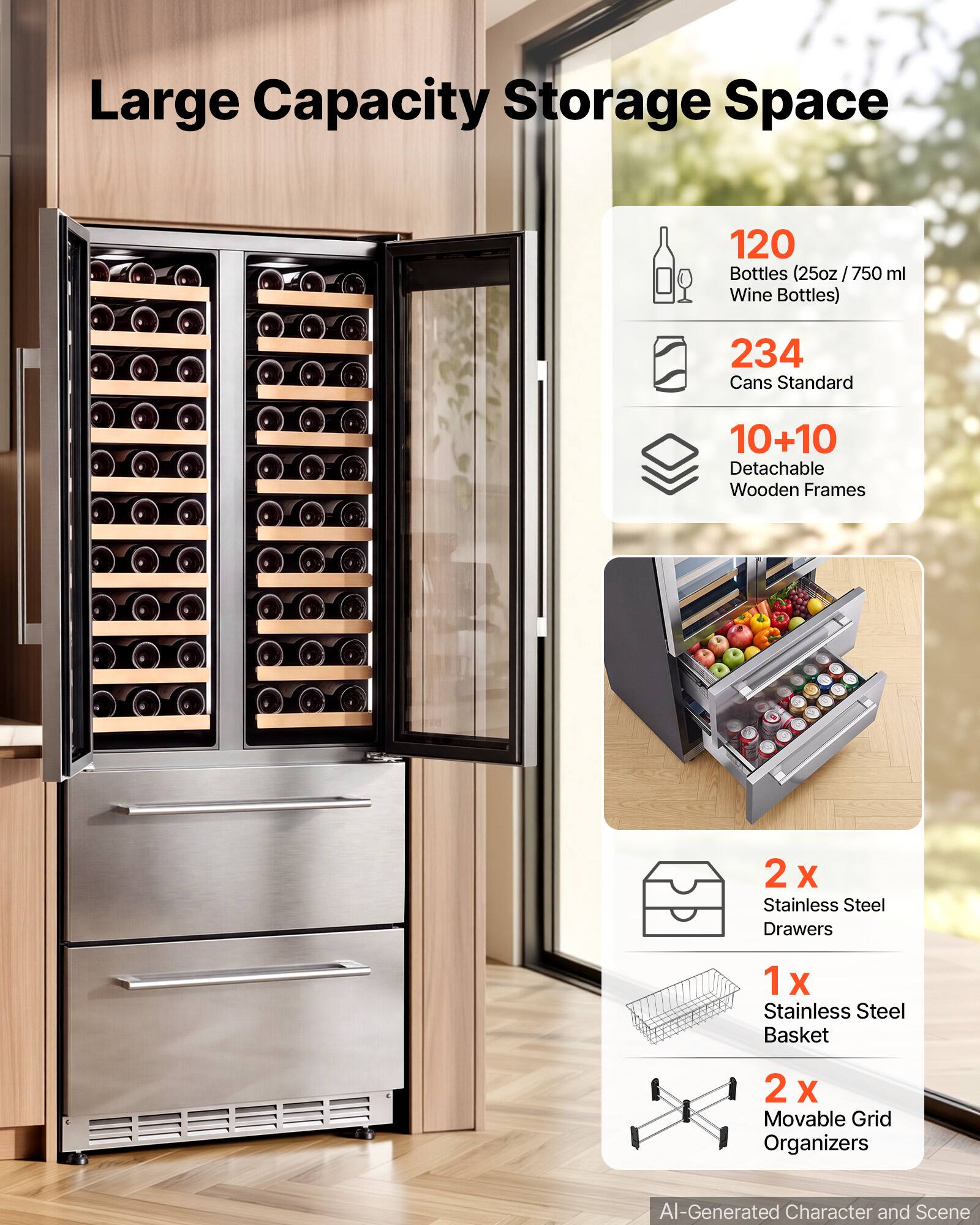 Large Capacity Storage Space

- 120 Bottles (25oz/750 ml Wine Bottles)
- 234 Cans Standard
- 10+10 Detachable Wooden Frames
- 2 x Stainless Steel Drawers
- 1 x Stainless Steel Basket
- 2 x Movable Grid Organizers

AI-Generated Character and Scene