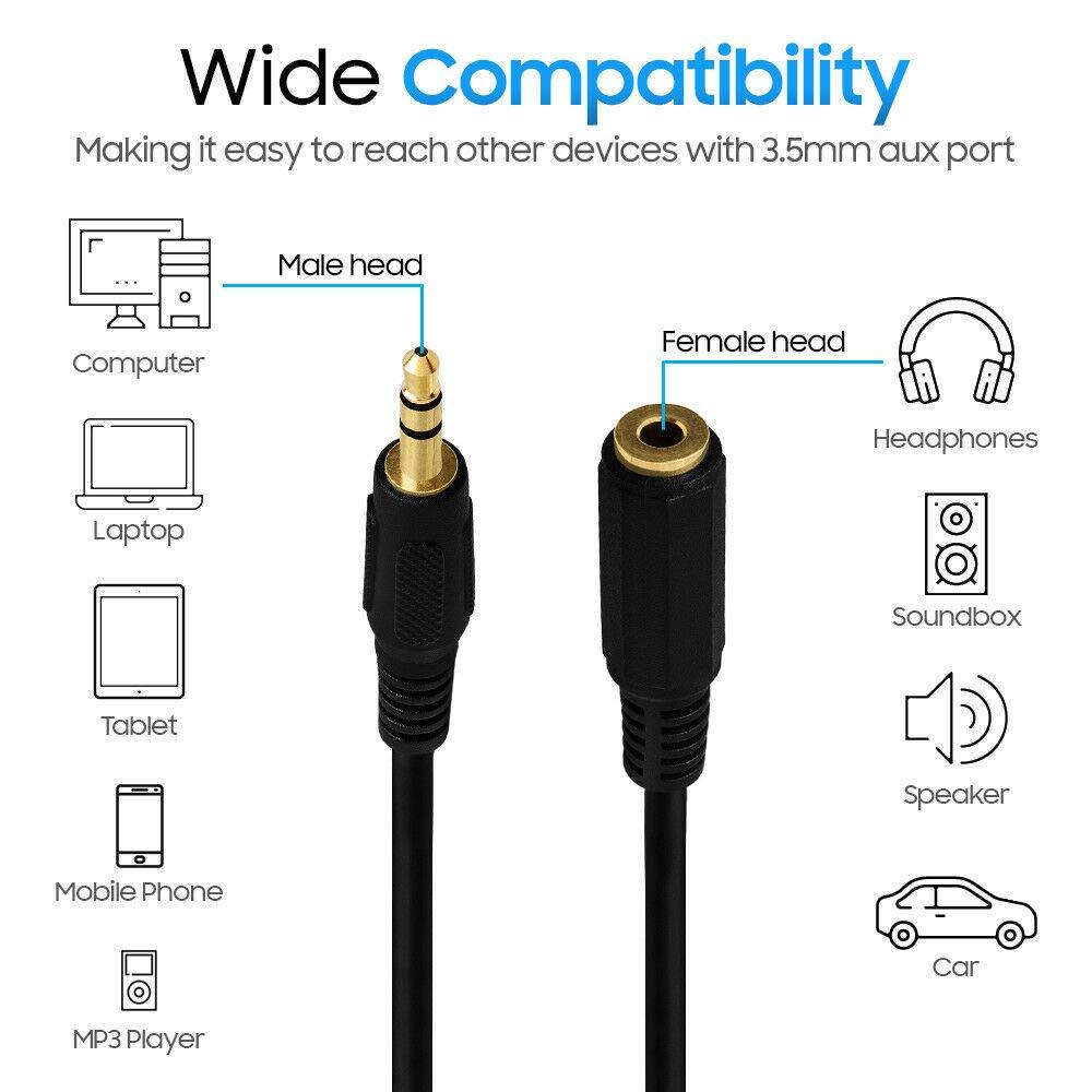 Wide Compatibility  
Making it easy to reach other devices with 3.5mm aux port

- Male head
  - Computer
  - Laptop
  - Tablet
  - Mobile Phone
  - MP3 Player

- Female head
  - Headphones
  - Soundbox
  - Speaker
  - Car