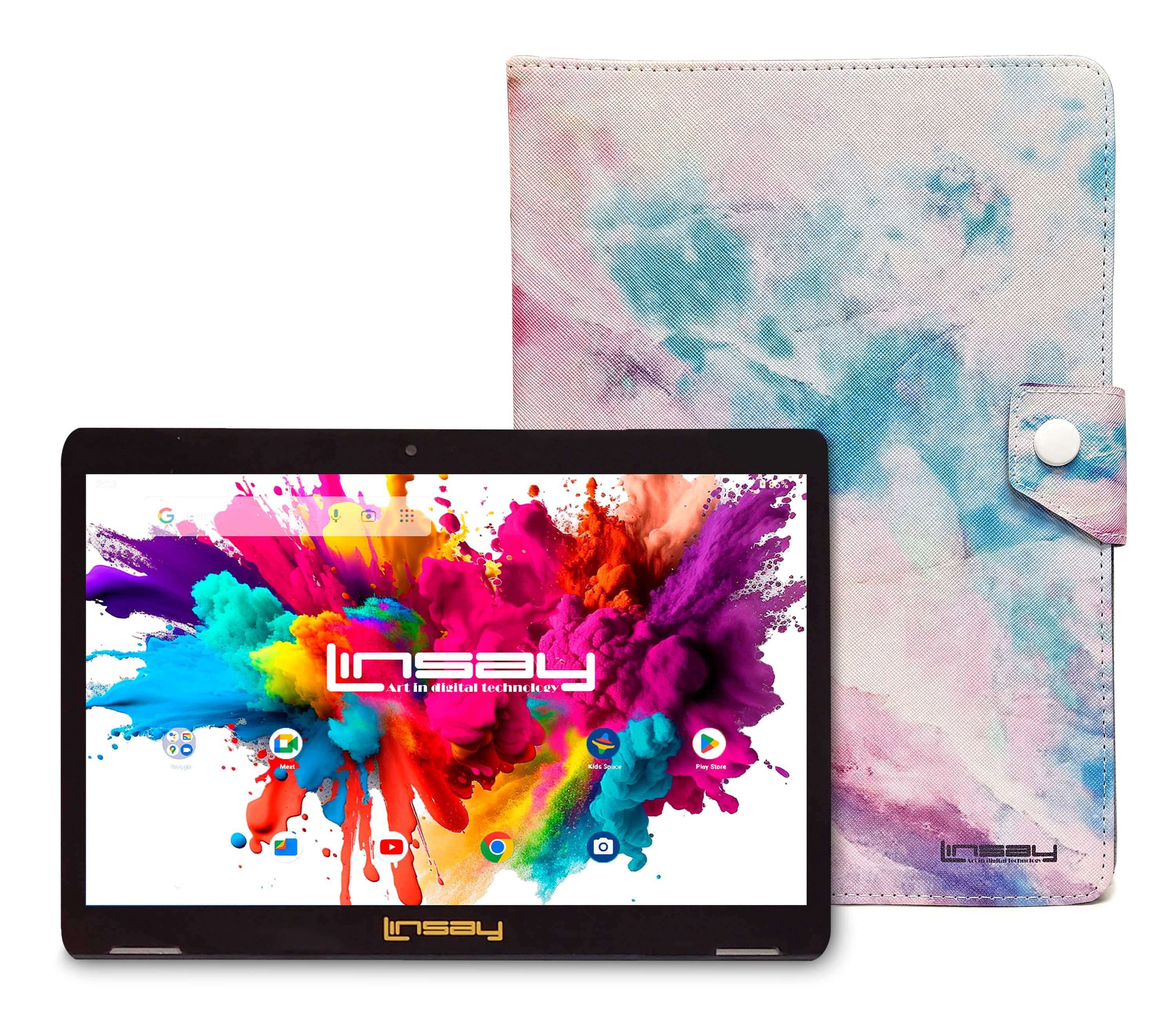 LINSAY - 10.1"Octa Core 128GB Storage Android 15 Tablet with Marble Case - Pink