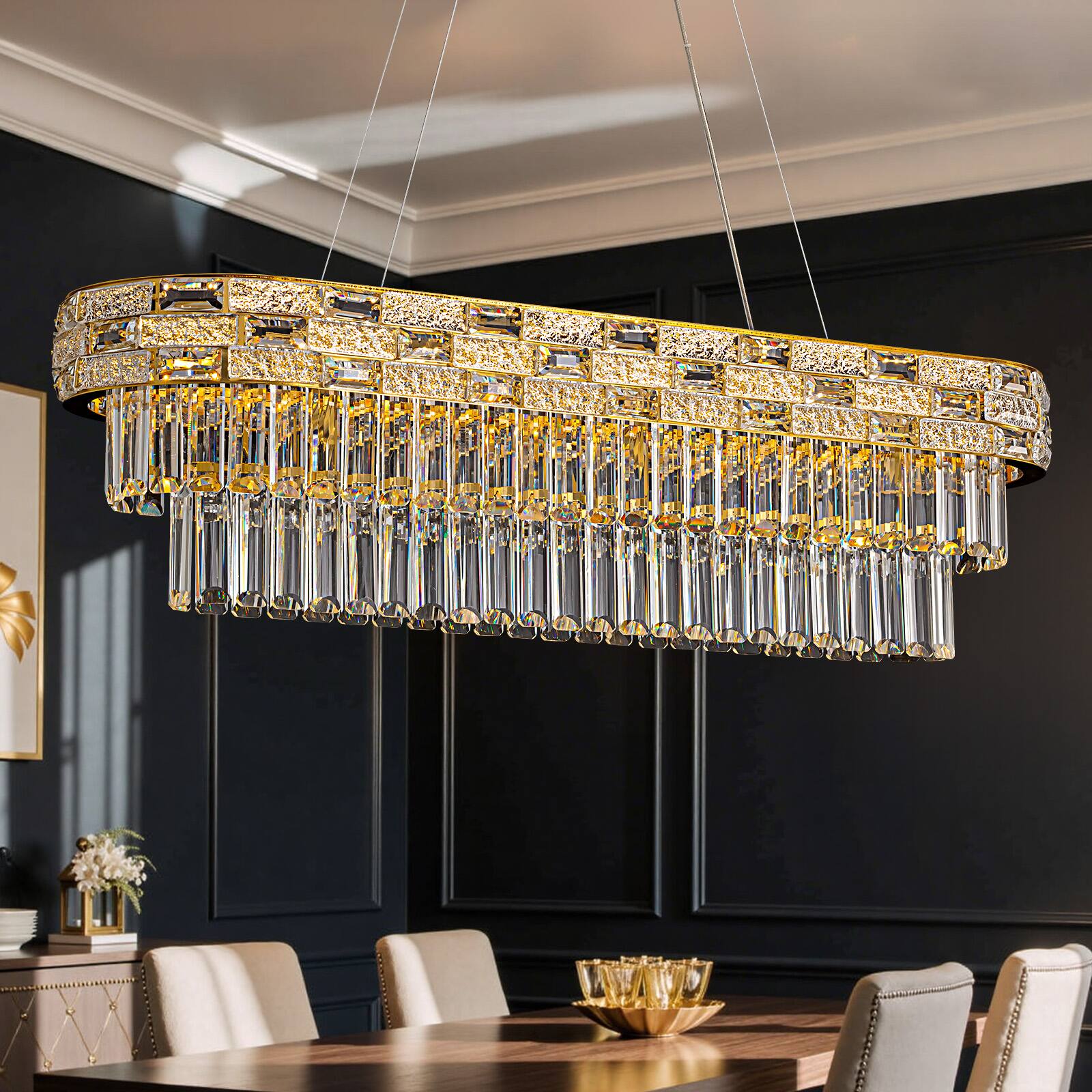 Front. Siljoy - 36 Modern Crystal Chandelier, Gold Large Chandeliers for Dining Room Living Room Kitchen Island Entryway - Gold.
