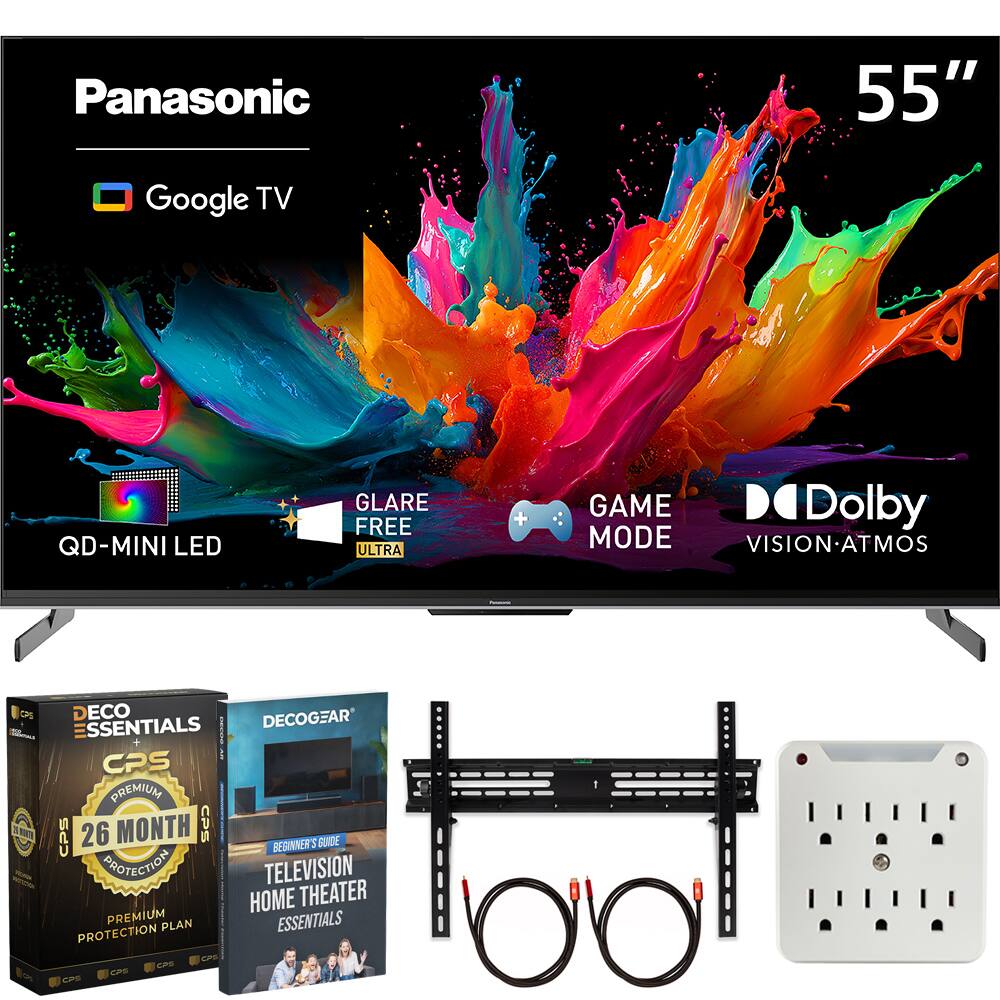Panasonic  
55"  
Google TV  
QD-MINI LED  
GLARE FREE ULTRA  
GAME MODE  
Dolby VISION.ATMOS  
DECO ESSENTIALS CPS  
26 MONTH CPS  
BEGINNER'S GUIDE  
TELEVISION HOME THEATER  
PREMIUM PLAN  
ESSENTIALS CPS  
PROTECTION