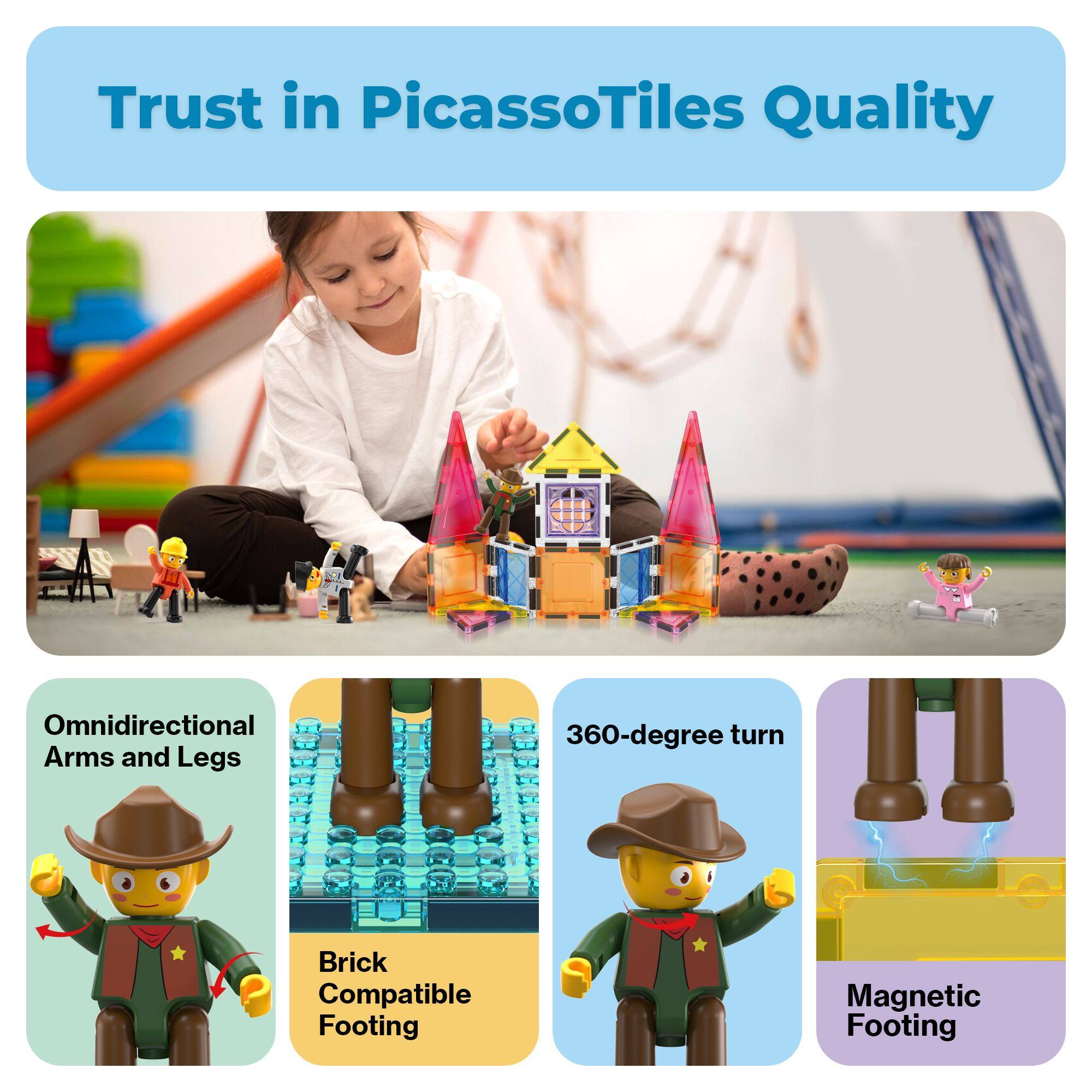 Trust in PicassoTiles Quality

- Omnidirectional Arms and Legs
- 360-degree turn
- Brick Compatible Footing
- Magnetic Footing