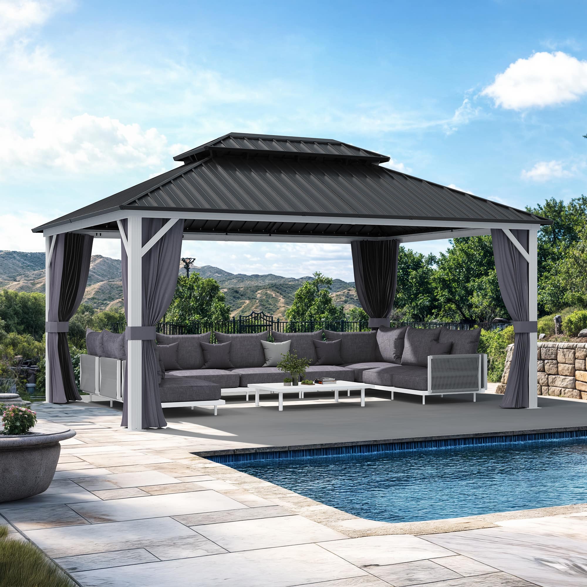 Front. PURPLE LEAF - 12' X 16' Outdoor Aluminum White Hardtop Gazebo with Galvanized Steel Double Roof with Netting and Curtains - 12' X 16'.