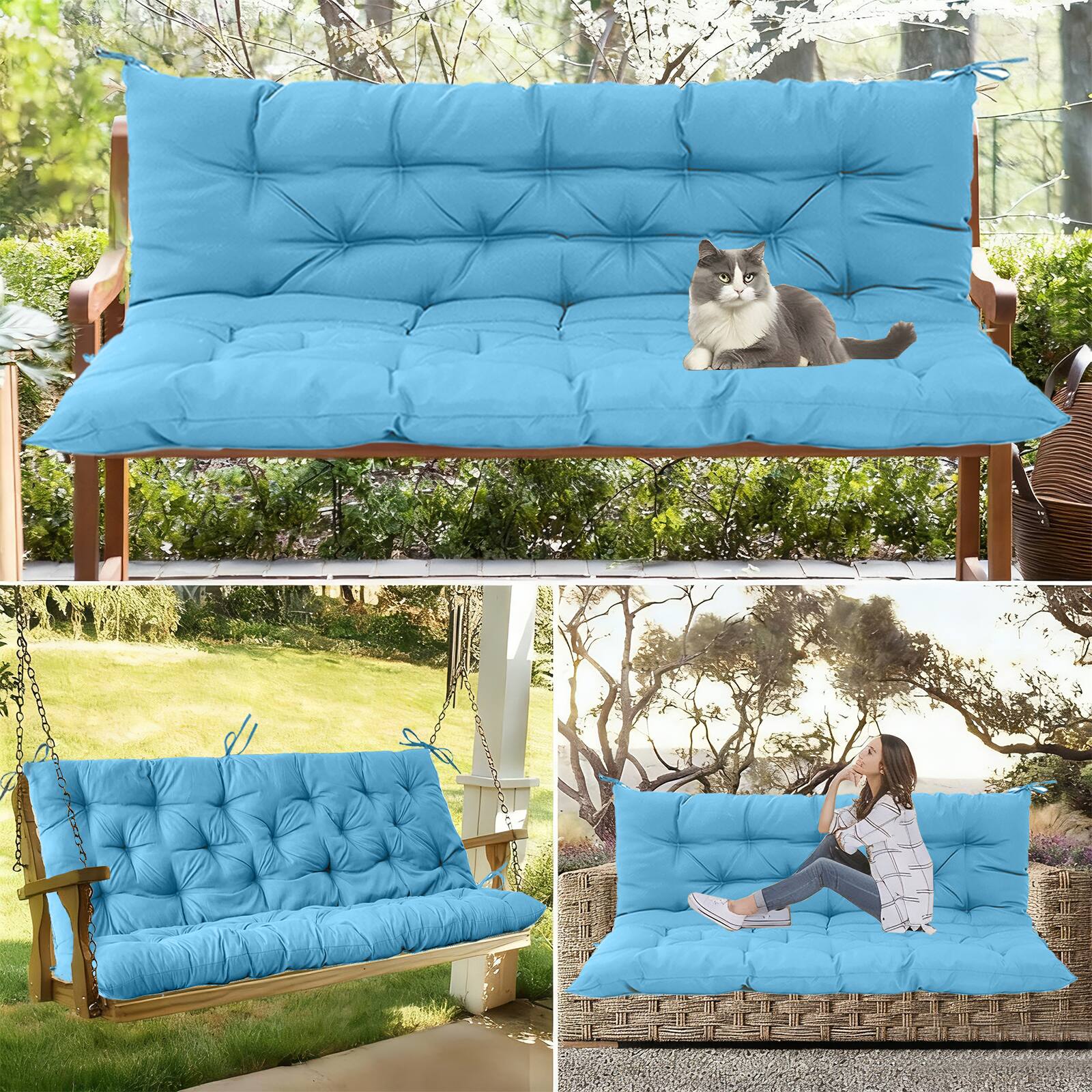 Alt View 3. Chateau Abodes - Outdoor Replacement Seat Cushions for 2-3 Person Swing & Bench, Waterproof Sofa Pads with Backrest for Patio Furniture - Sky Blue.