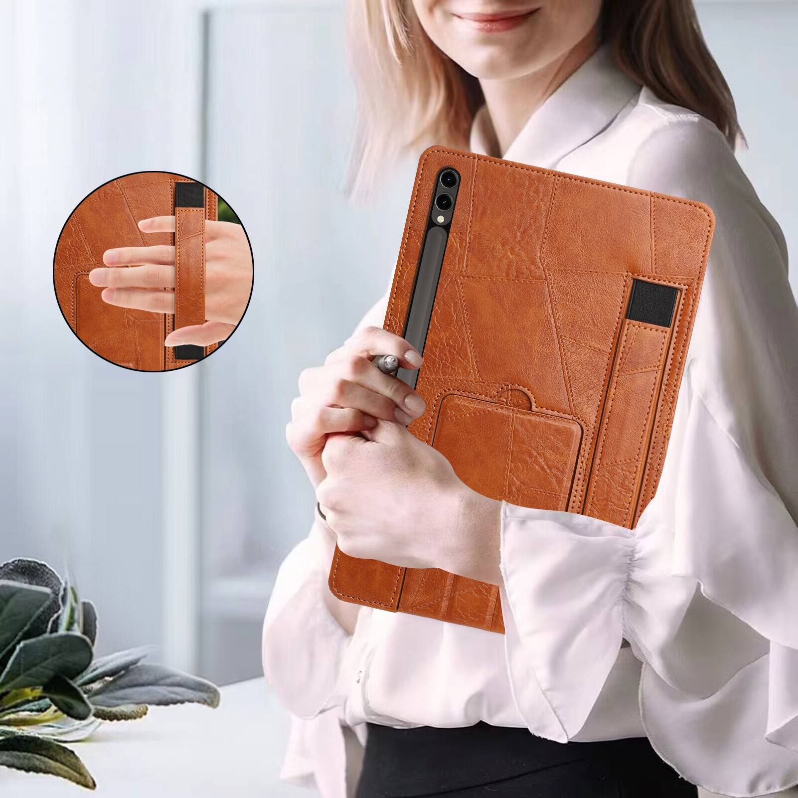 Alt View 2. Dteck - Leather Texture Case for Samsung Galaxy Tab S10 FE+, Shockproof Cover with Multi-Angle Stand and Secure Hand Strap - Brown.